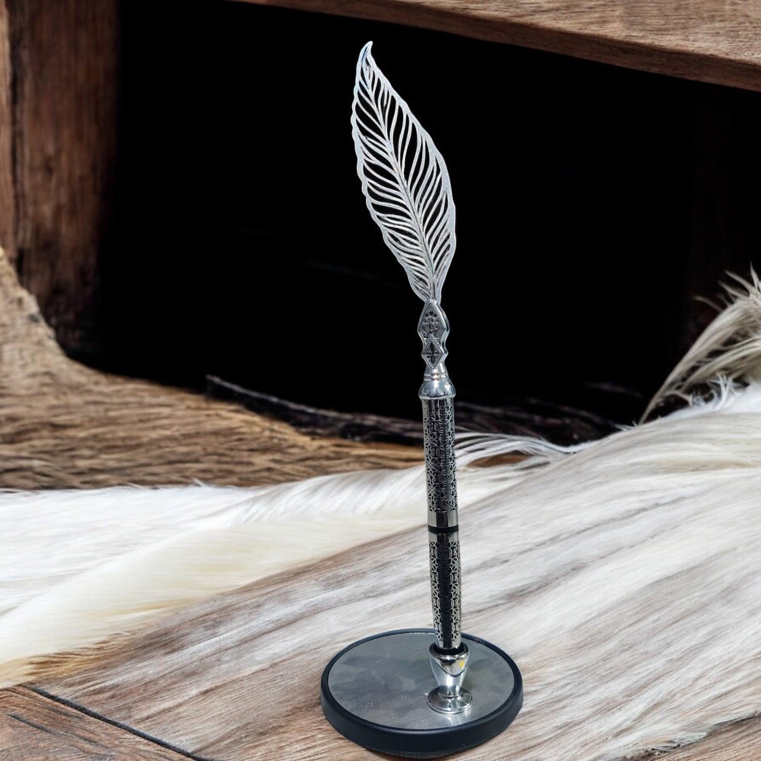 SHAYONA Luxury Corporate Vintage Gift Set of Chrome Plated Abstract Design Pen, Elegant Lasercut Feather Logo and Table Top Pen Stand