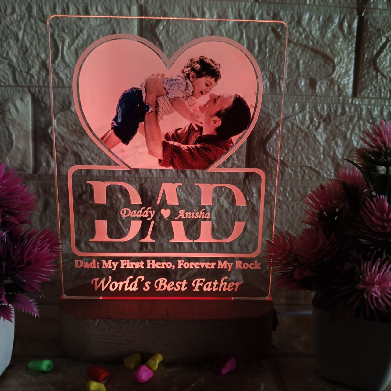 Customized LED Acrylic Lamp with Dad Photo & Names | “World’s Best Father” Gift | Heart Design with Engraving | Father's Day/Birthday Gift