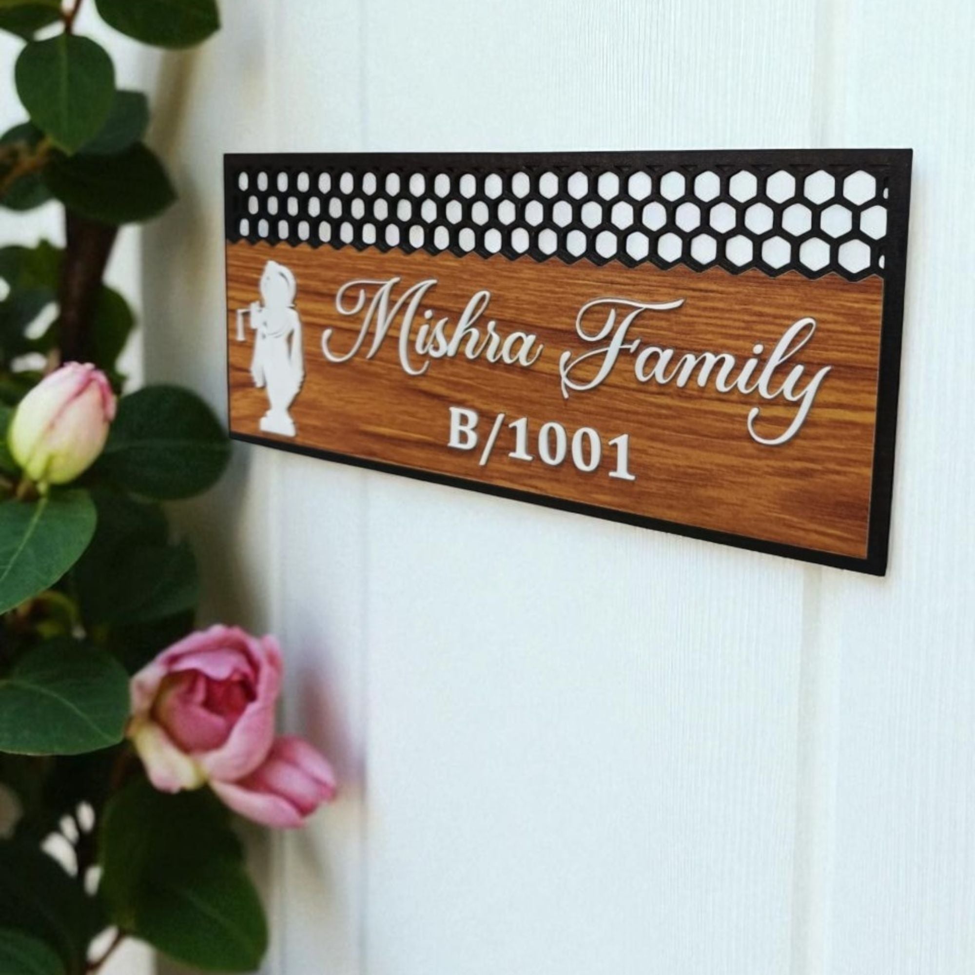 Personalized Wooden Name Plate with krishna Design | Custom Family Name & House Number Board for Home Entrance