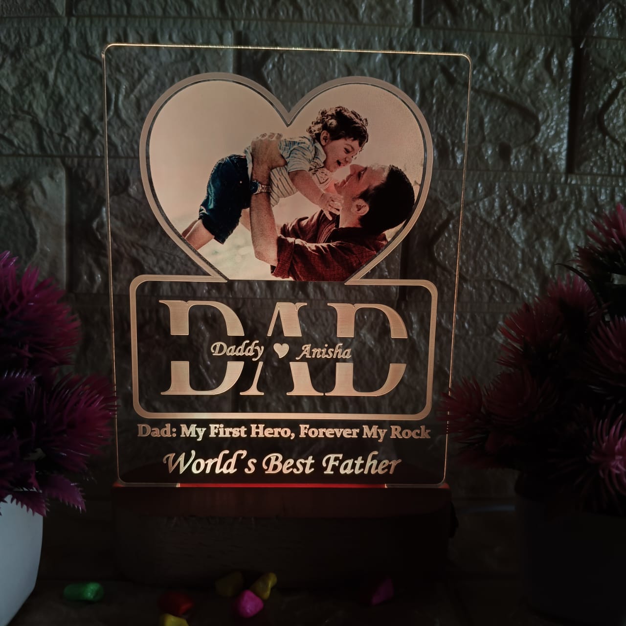 Customized LED Acrylic Lamp with Dad Photo & Names | “World’s Best Father” Gift | Heart Design with Engraving | Father's Day/Birthday Gift