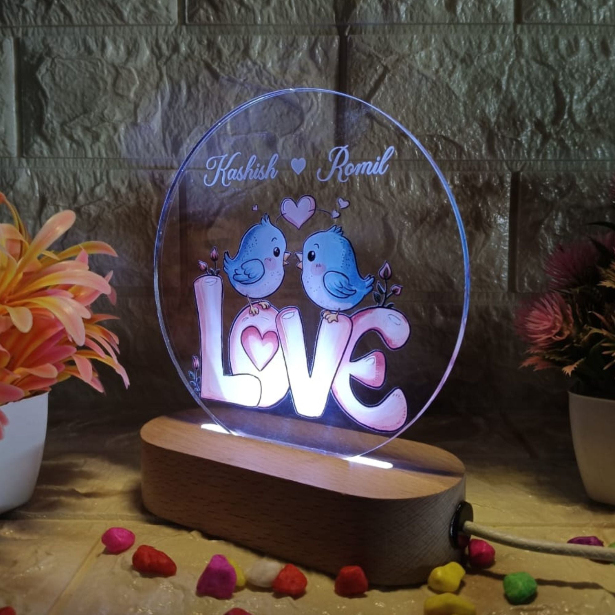 Shayona Personalized Love Bird LED Lamp | Custom Couple Name Acrylic Light | Romantic Gift with Wooden Base