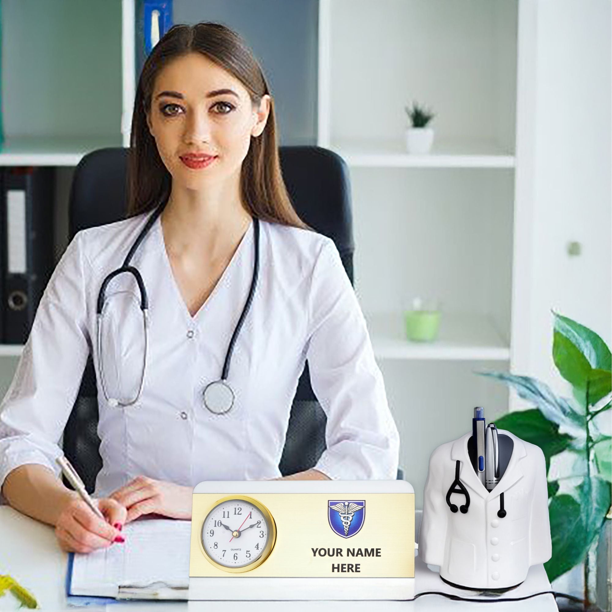 Shayona Personalized Doctor Desk Name Plate with Clock & Coat Pen Holder White Color| Custom Medical Office Desk Organizer | Doctor Gift Item