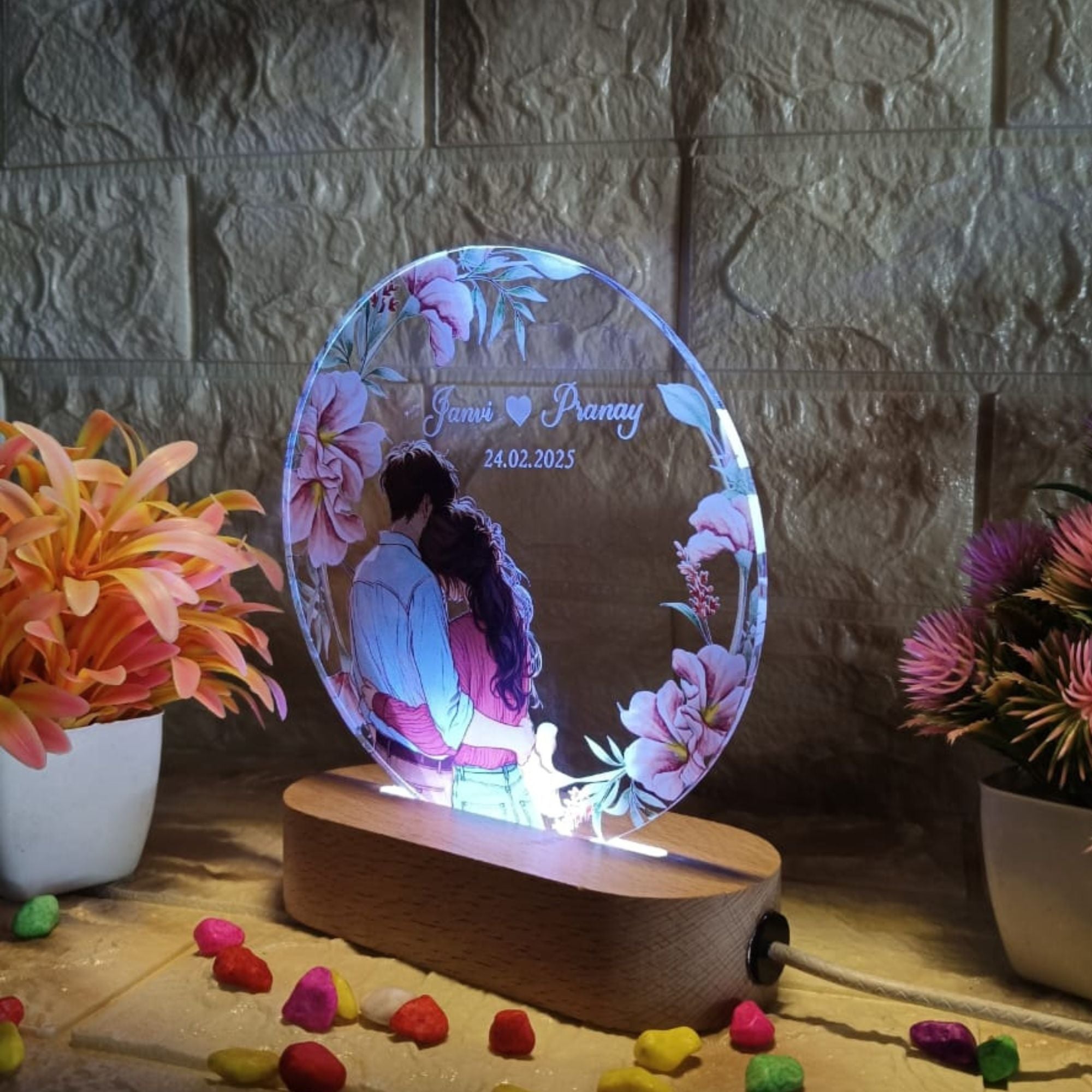 Shayona Personalized LED Round Acrylic Lamp for Couple | Custom Name & Date | Romantic Gift with Wooden Base