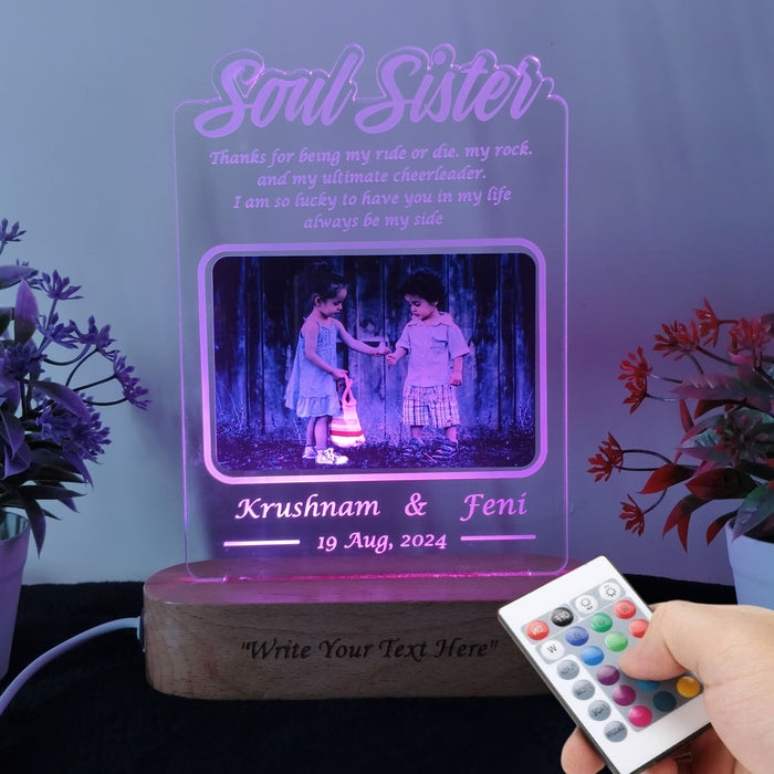 Shayona Soul Sister Personalized 3D Illusion Led Photo Lamp Multicolor with Remote Control Gift for Sister on Rakshabandhan, Rakhi, Birthday, Sisters day and many other special occasions (28*18 CM) (Dear Sister)