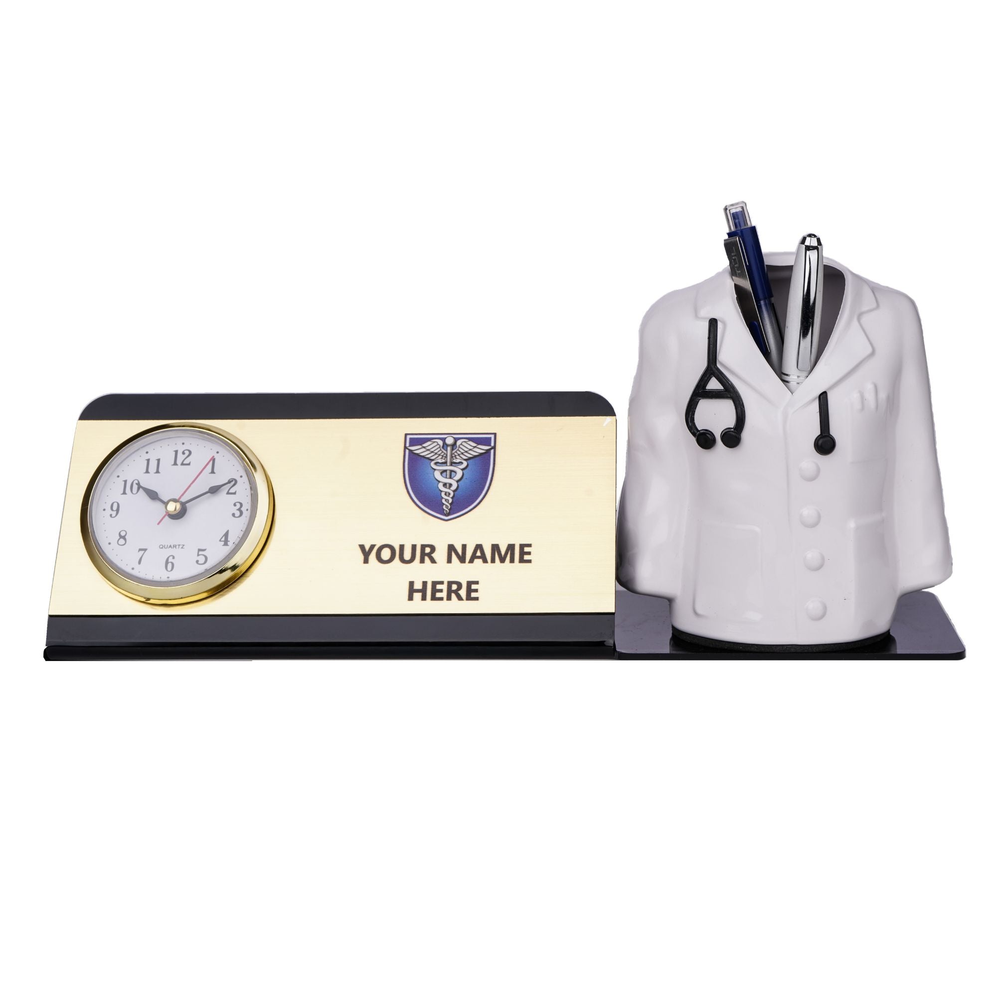 Shayona Personalized Doctor Desk Name Plate with Clock & Pen Holder Black color | Customizable Medical Office Desk Organizer | Doctor’s Day & Graduation Gift
