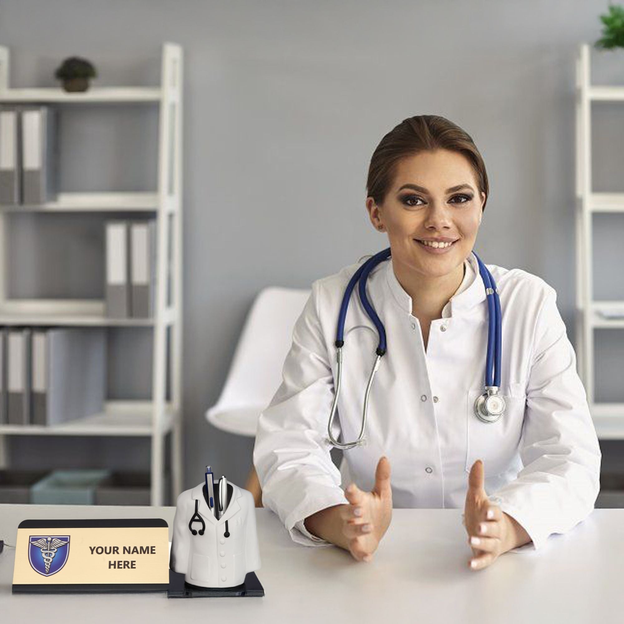 Shayona Personalized Doctor Desk Name Plate with Pen Holder | Custom Medical Office Tabletop Gift for Doctors, Physicians & Medical Professionals"
