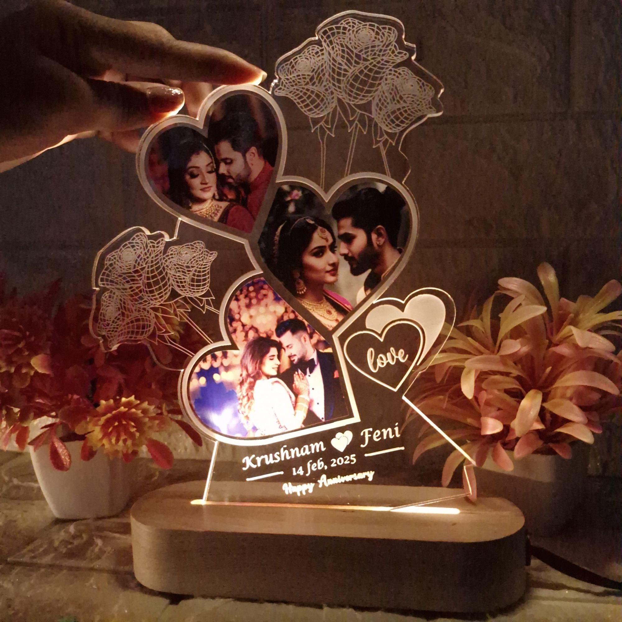 Shayona Customized LED Acrylic Photo Lamp with Name & Date | Heart-Shaped Design with Roses | Anniversary, Wedding, Valentine Gift for Couples