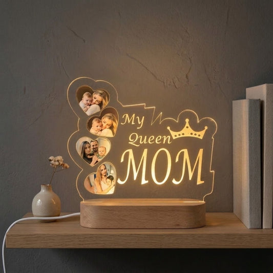 Shayona Gift Shop- Personalized "My Queen Mom" Photo Night Light | Custom 4-Photo Heart Collage Acrylic Lamp | Mother's Day Gift