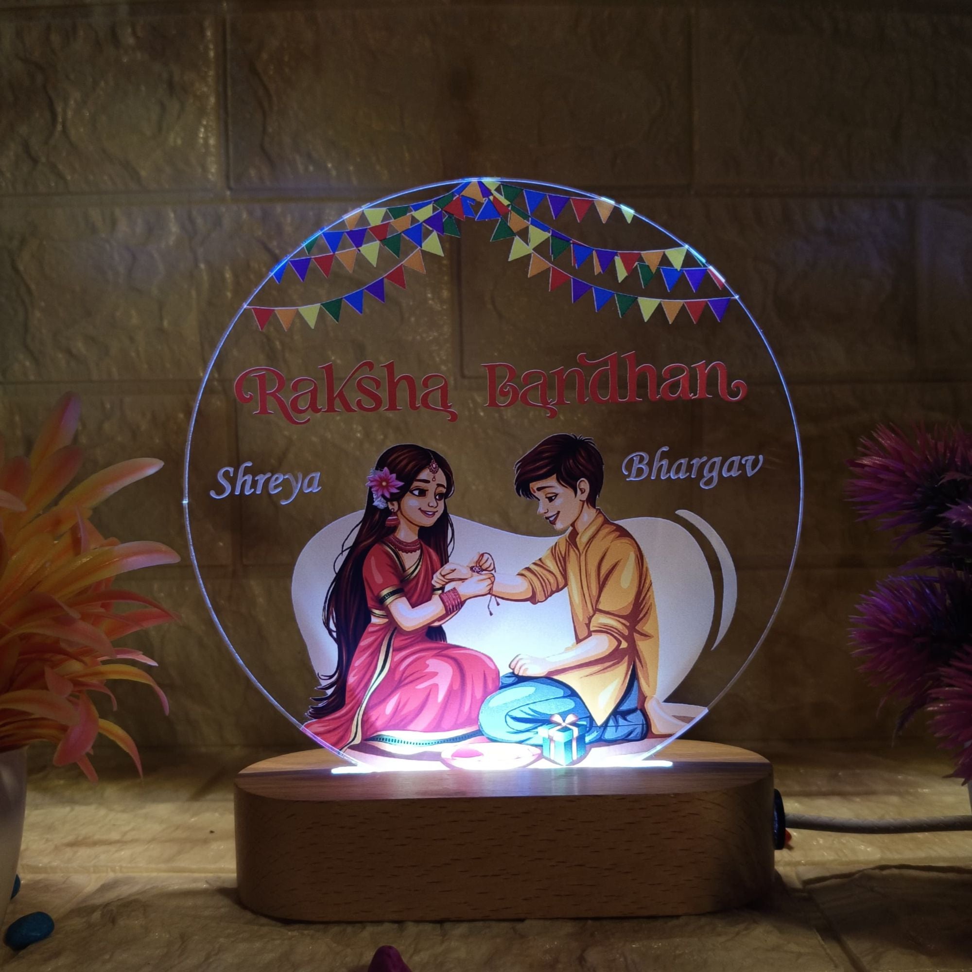 Shayona Customized LED Acrylic Lamp for Brother | Rakshabandhan Gift with Name & Photo | Wooden Base Light Frame