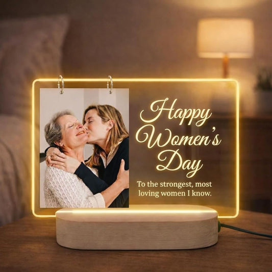 Shayona Gift Shop Happy Women’s Day Personalized Photo LED Lamp – Custom Acrylic Night Light with Wooden Base, Warm White Table Lamp Gift for Mom, Wife, Sister, Girlfriend