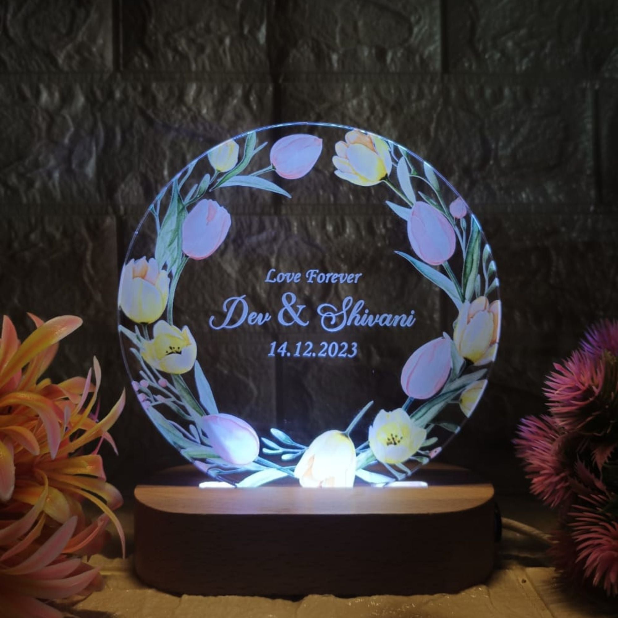 Shayona Personalized LED Acrylic Night Lamp with Wooden Base | Custom Name & Date | Romantic Gift for Couples, Anniversary, or Wedding – Floral Design