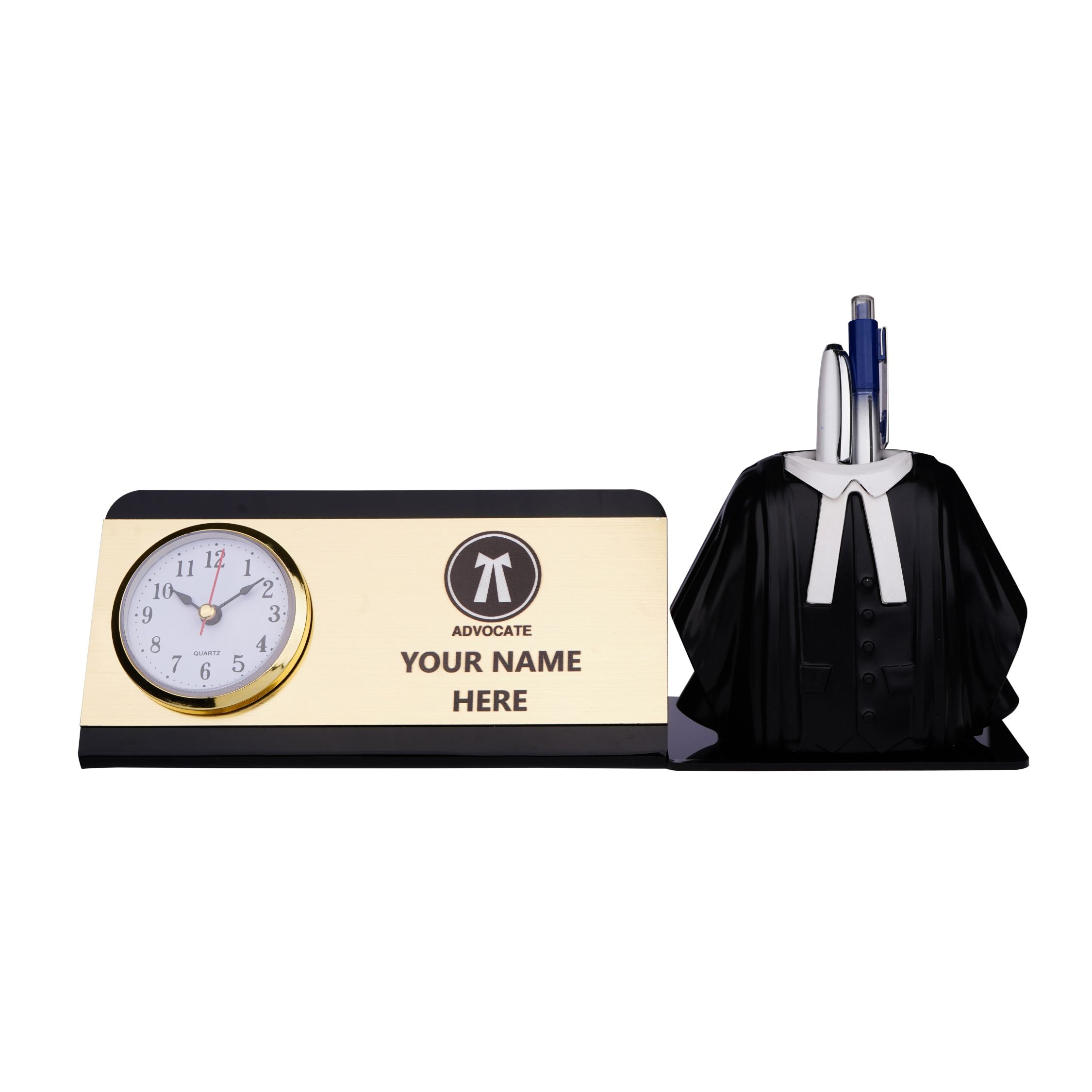 Shayona Personalized Advocate Desk Name Plate with Clock & Gown Pen Holder Black Color| Custom Lawyer Office Table Nameplate | Unique Gift for Advocates & Legal Professionals