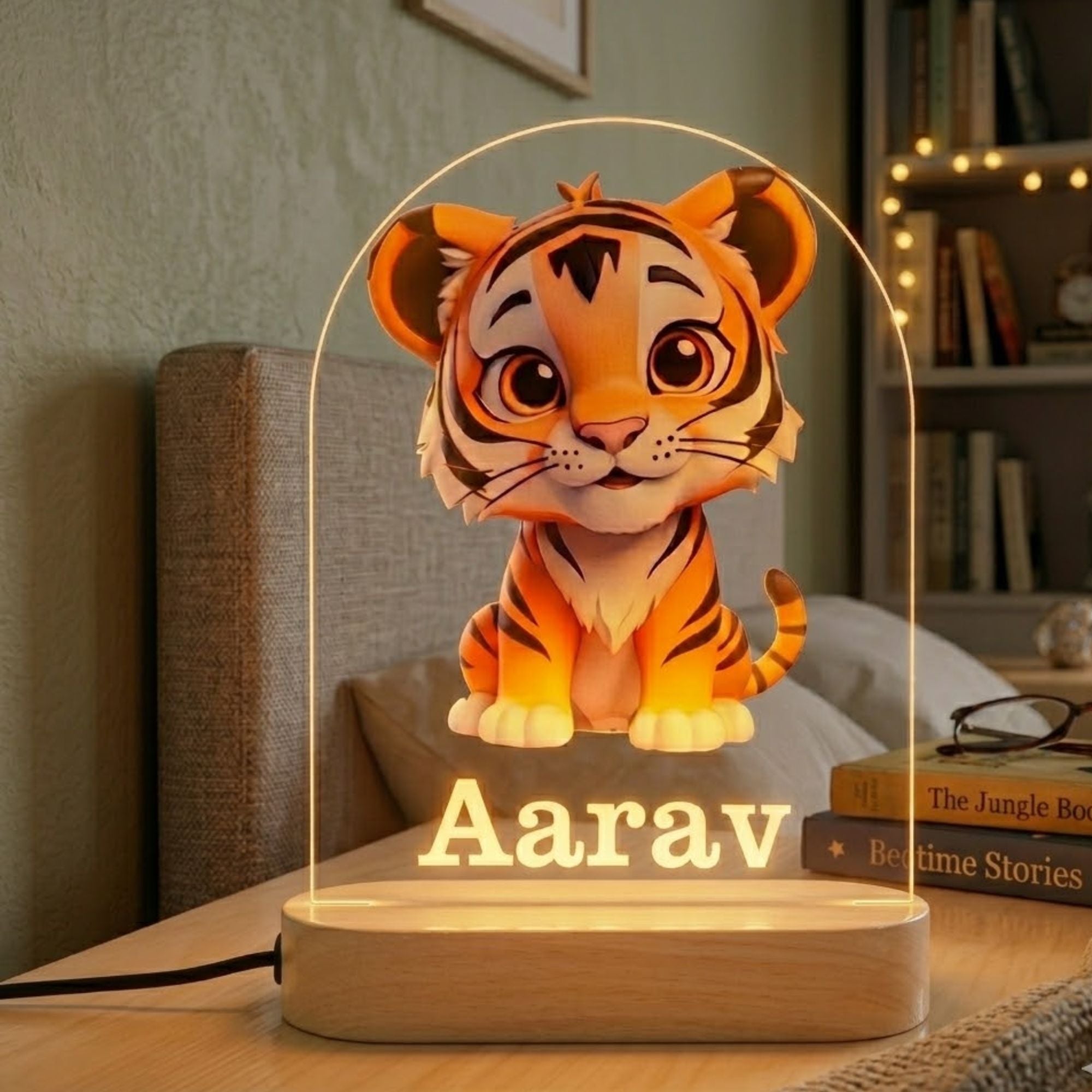 Shayona Gift Shop-Personalized Tiger LED Acrylic Night Light - Custom Engraved Name Animal Theme Lamp with Wooden Stand, USB Powered Warm Desktop Decor Light, High-End Return Gift Idea