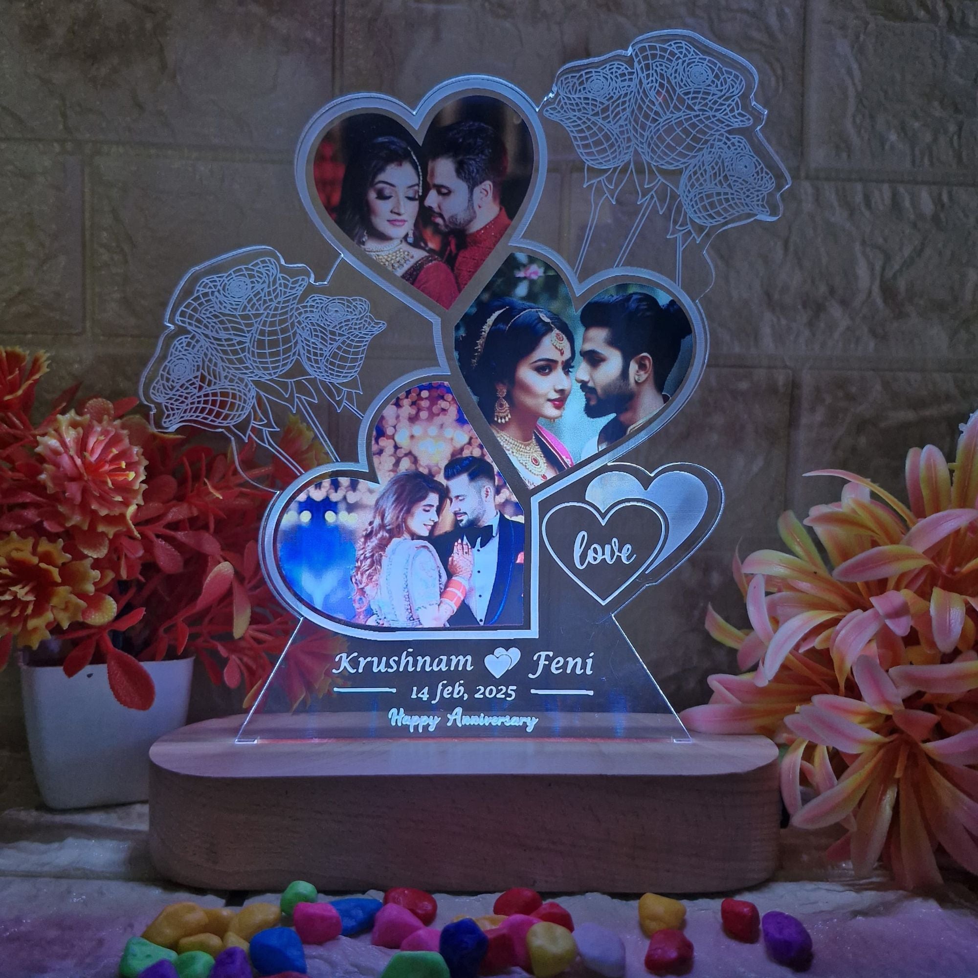 Shayona Customized LED Acrylic Photo Lamp with Name & Date | Heart-Shaped Design with Roses | Anniversary, Wedding, Valentine Gift for Couples