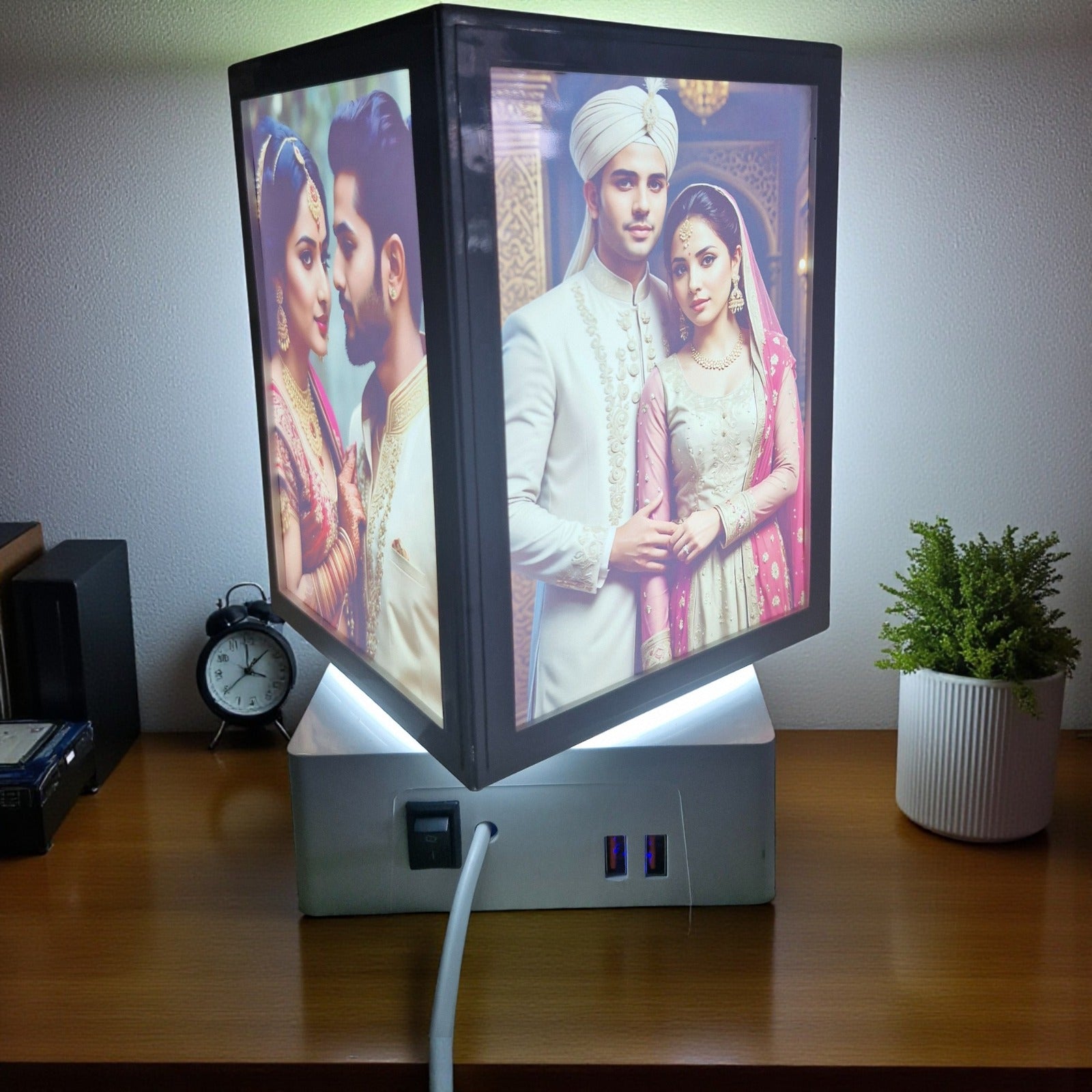 Shayona Personalized Rotating Photo Lamp with LED Light | Custom Picture Table Lamp with USB Charging Ports | Unique Wedding, Anniversary & Birthday Gift