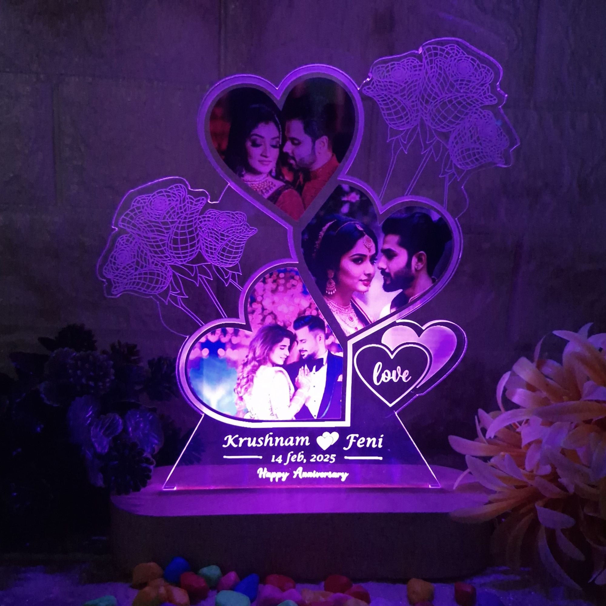 Shayona Customized LED Acrylic Photo Lamp with Name & Date | Heart-Shaped Design with Roses | Anniversary, Wedding, Valentine Gift for Couples
