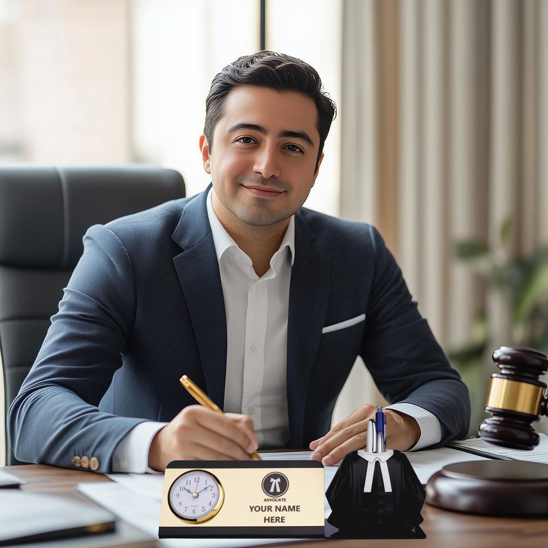 Shayona Personalized Advocate Desk Name Plate with Clock & Gown Pen Holder Black Color| Custom Lawyer Office Table Nameplate | Unique Gift for Advocates & Legal Professionals