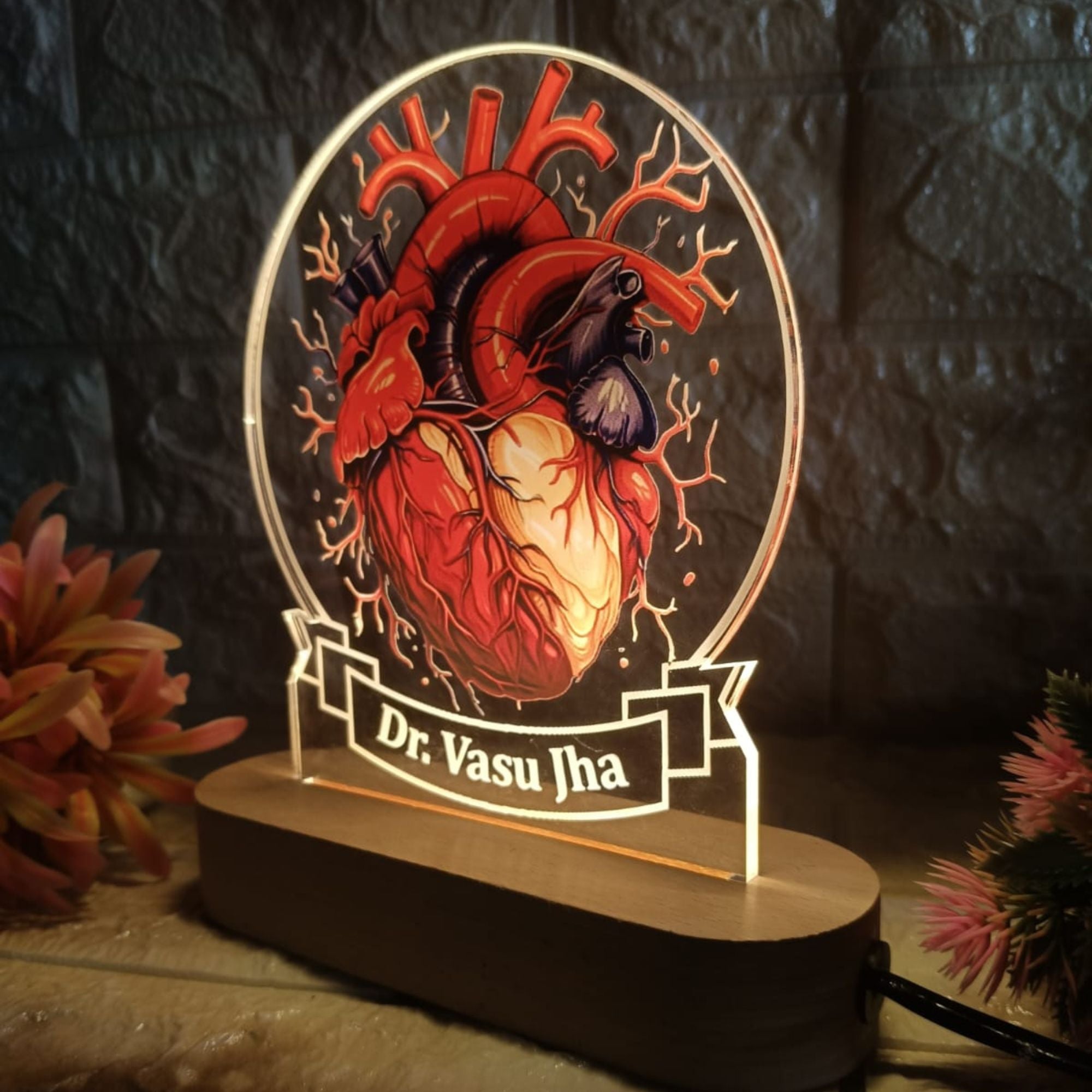 Shayona Personalized Anatomical Heart LED Night Lamp | Custom Name Acrylic Lamp with Wooden Base | Gift for Doctors, Cardiologists, Medical Students