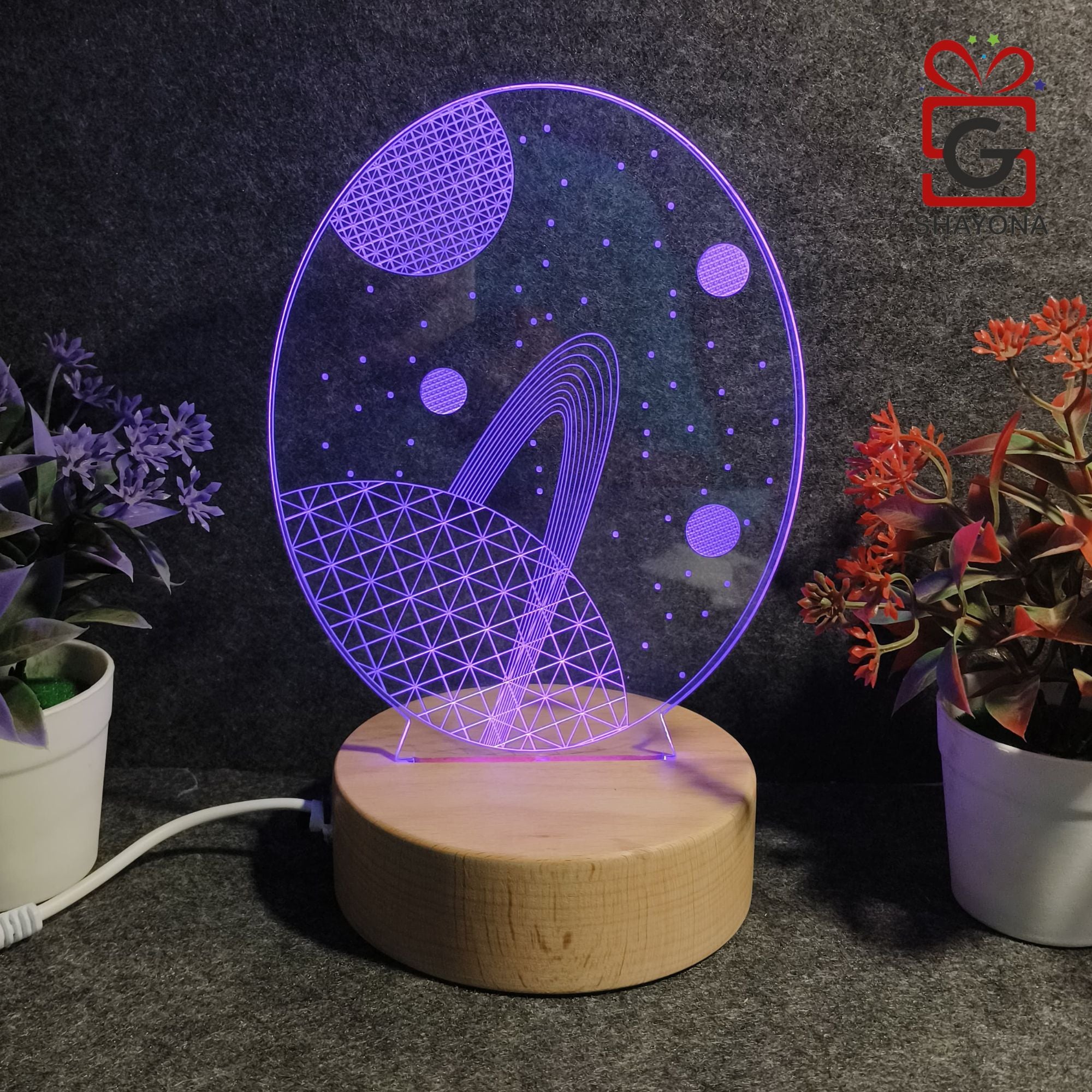 SHAYONA 3D Illusion Galaxy Space Earth LED Lamp, Wooden Texture Base, Home decor, showpiece, office Table Lamp - multicolor