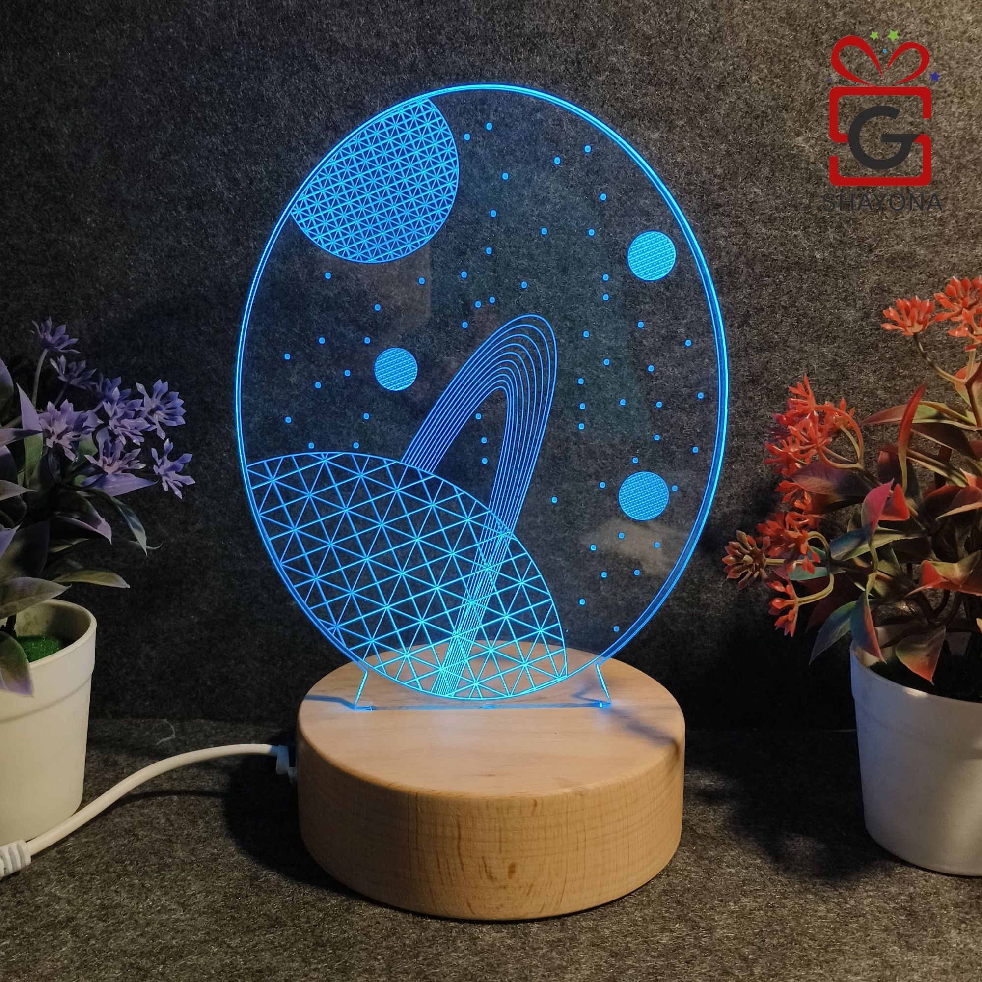 SHAYONA 3D Illusion Galaxy Space Earth LED Lamp, Wooden Texture Base, Home decor, showpiece, office Table Lamp - multicolor