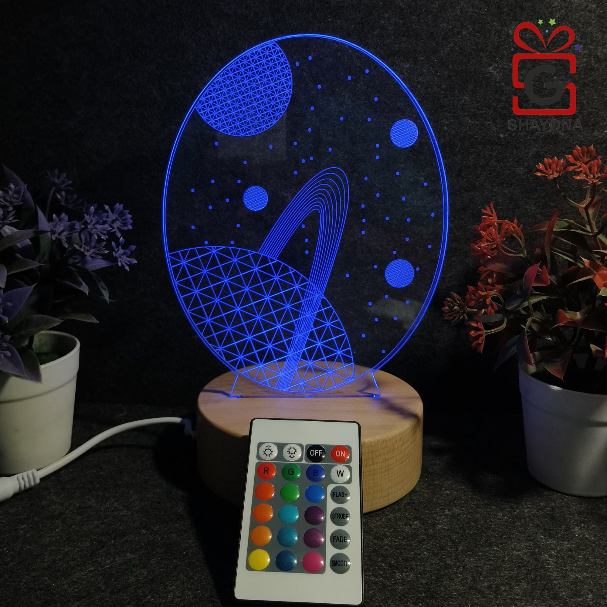 SHAYONA 3D Illusion Galaxy Space Earth LED Lamp, Wooden Texture Base, Home decor, showpiece, office Table Lamp - multicolor