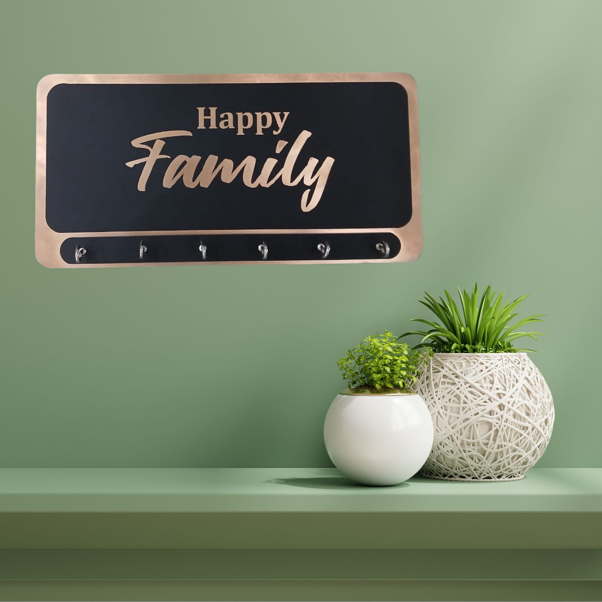 Shayona Happy Family Wooden Name Plate with Key Holder – 6 Hooks Wall Mounted Organizer for Home Entrance, Living Room & Office Décor"