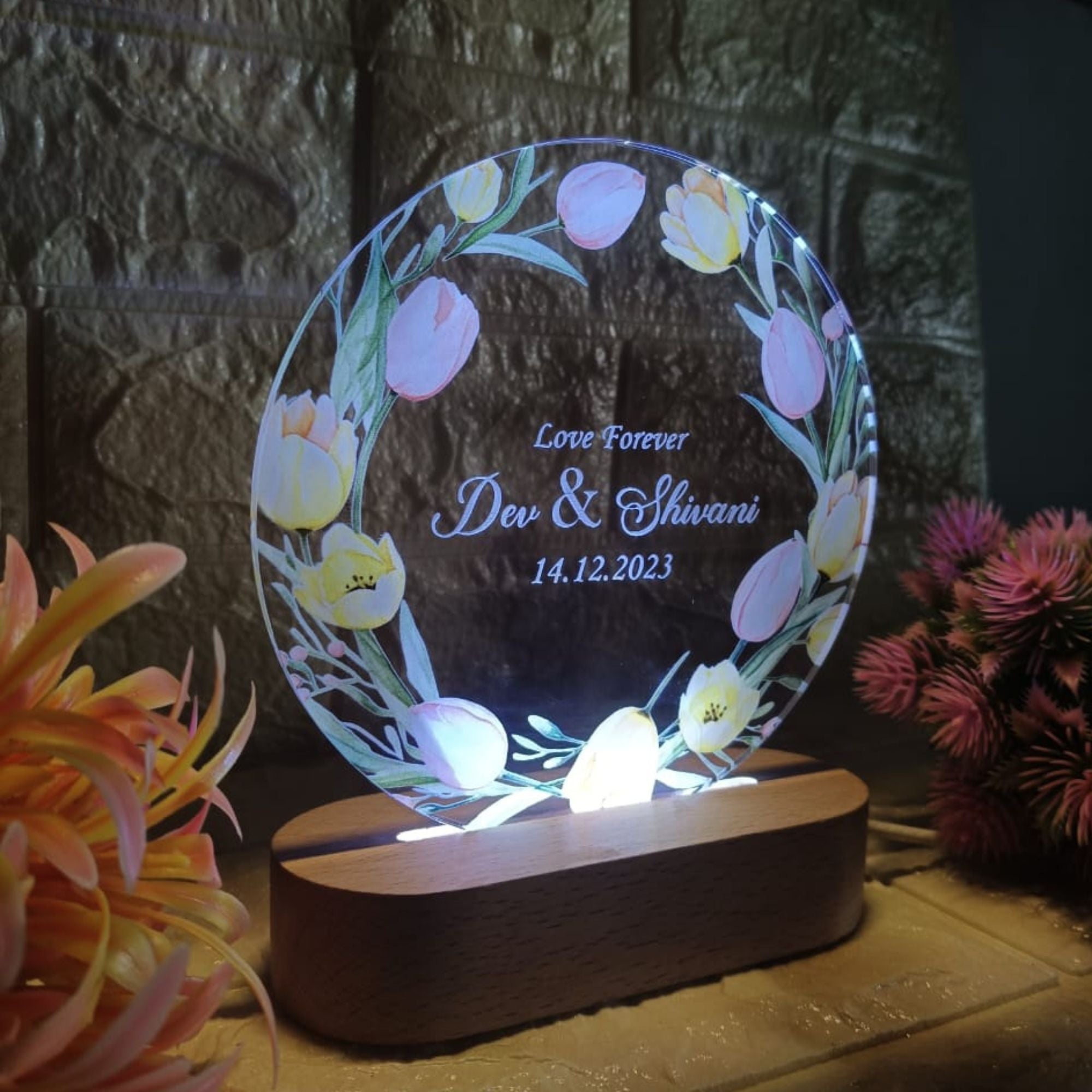 Shayona Personalized LED Acrylic Night Lamp with Wooden Base | Custom Name & Date | Romantic Gift for Couples, Anniversary, or Wedding – Floral Design