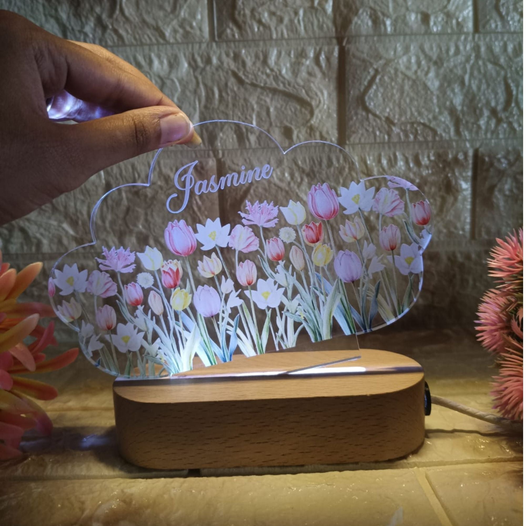 Shayona Personalized Cloud-Shaped LED Night Lamp | Custom Name Floral Acrylic Light with Wooden Base | Decorative Gift for Kids, Girls, Birthday, Nursery