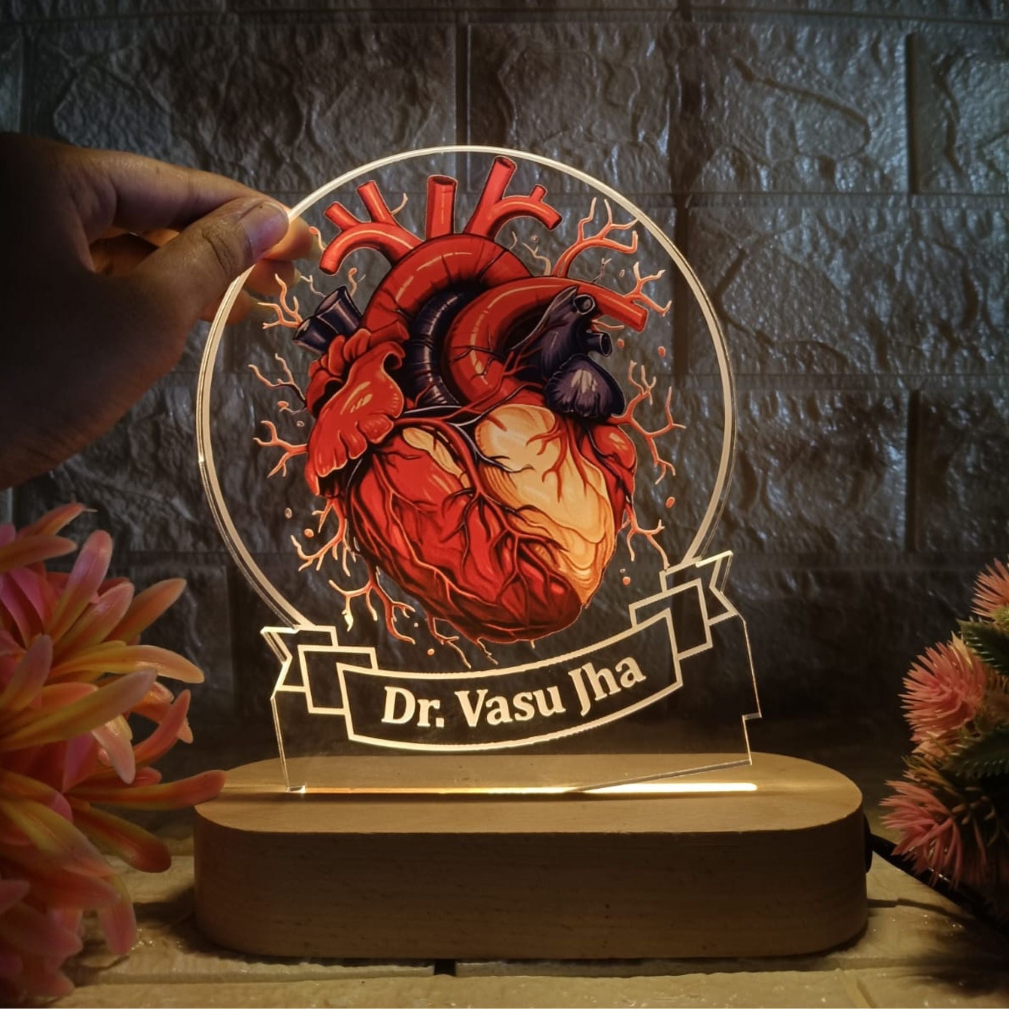 Shayona Personalized Anatomical Heart LED Night Lamp | Custom Name Acrylic Lamp with Wooden Base | Gift for Doctors, Cardiologists, Medical Students