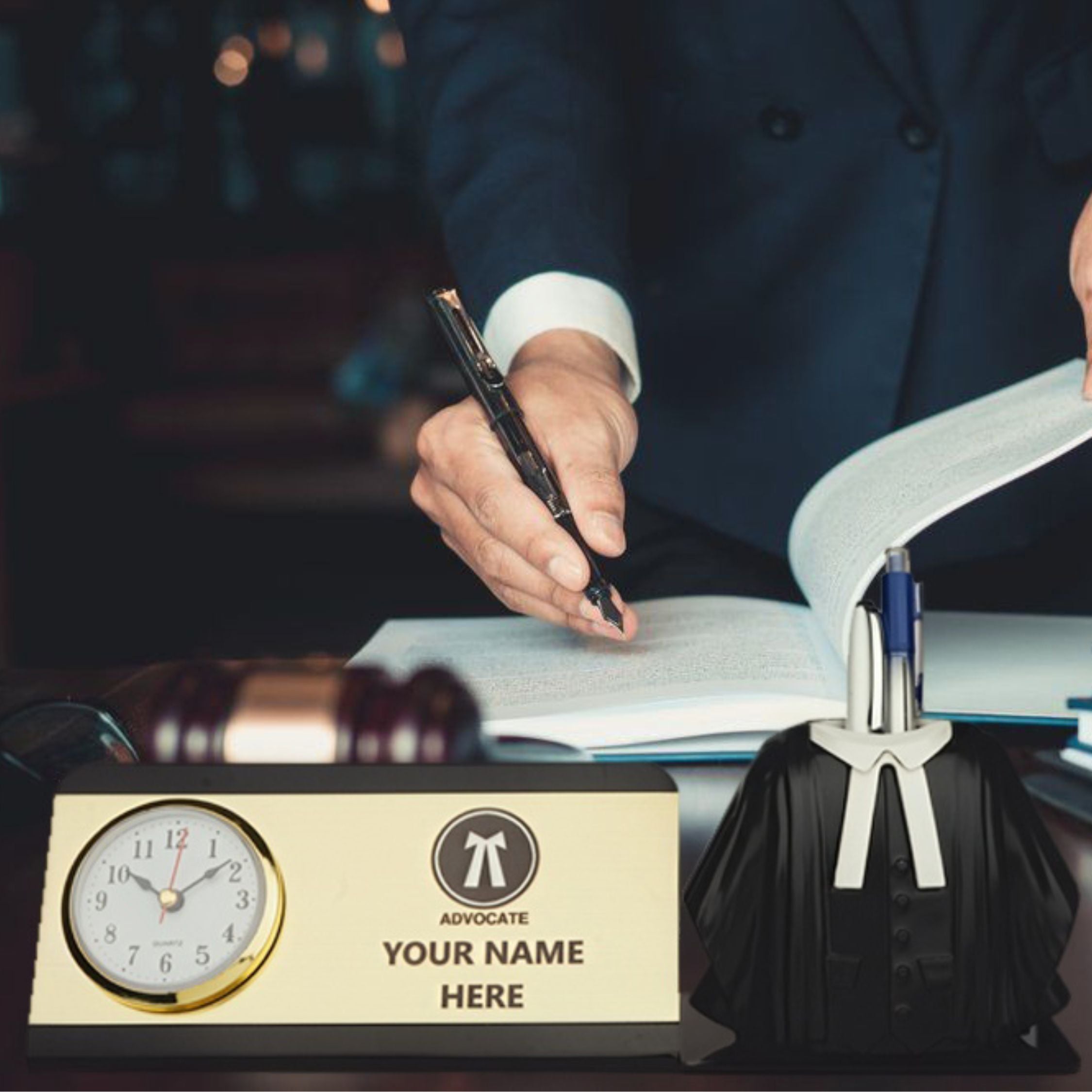 Shayona Personalized Advocate Desk Name Plate with Clock & Gown Pen Holder Black Color| Custom Lawyer Office Table Nameplate | Unique Gift for Advocates & Legal Professionals