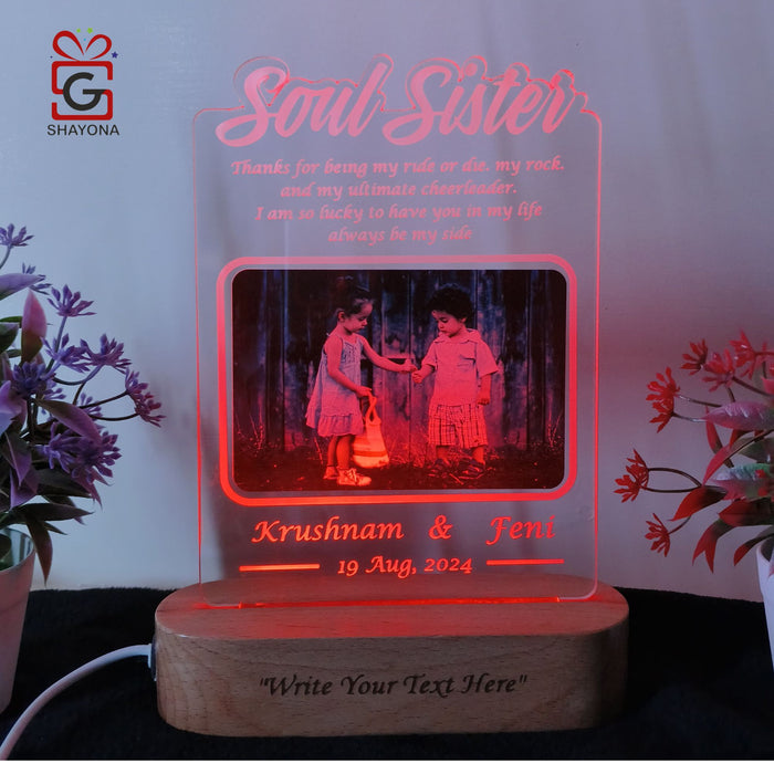 Shayona Soul Sister Personalized 3D Illusion Led Photo Lamp Multicolor with Remote Control Gift for Sister on Rakshabandhan, Rakhi, Birthday, Sisters day and many other special occasions (28*18 CM) (Dear Sister)