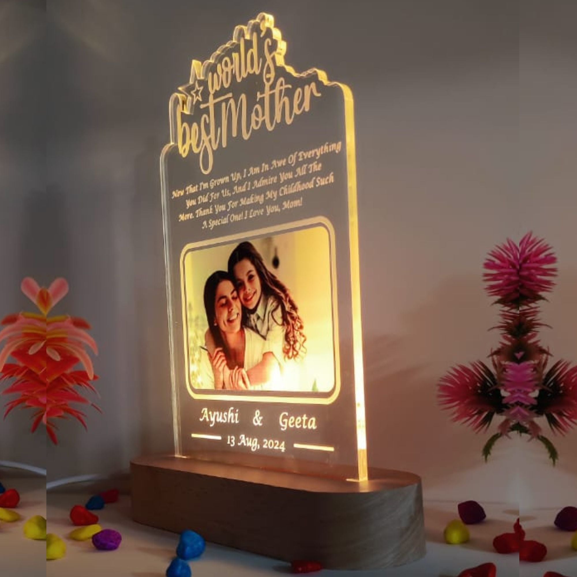 SHAYONA World Best Mother Personalized 3D Illusion LED Table Night Lamp Name Date and UV Print Photo Frame | Gift for Anniversary,Mother Day, Birthday- Multicolor with Remote