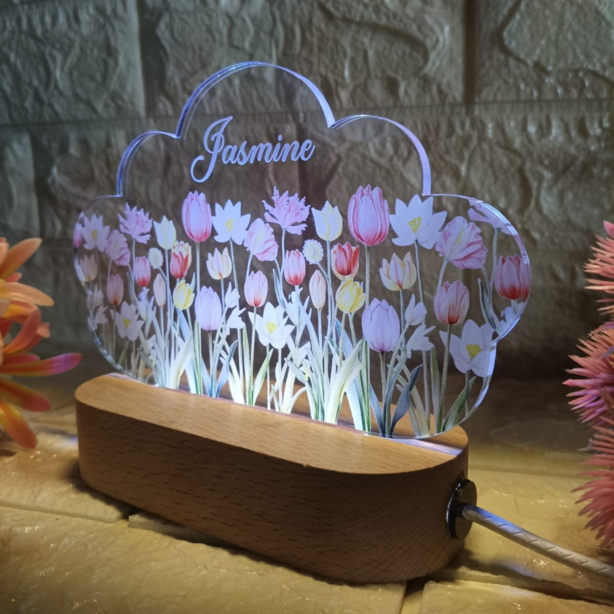 Shayona Personalized Cloud-Shaped LED Night Lamp | Custom Name Floral Acrylic Light with Wooden Base | Decorative Gift for Kids, Girls, Birthday, Nursery