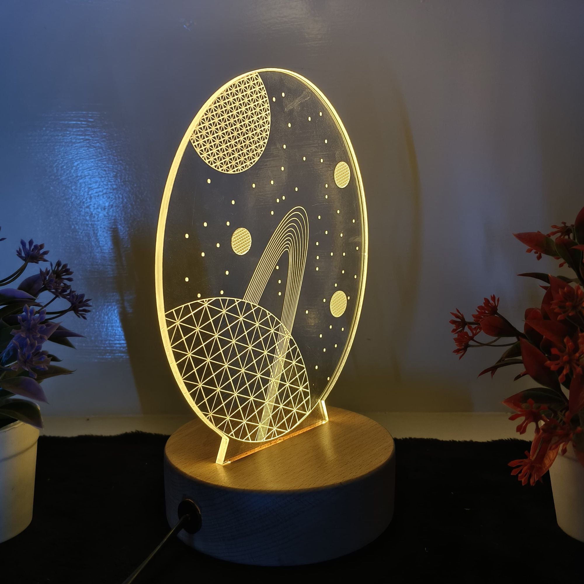 SHAYONA 3D Illusion Galaxy Space Earth LED Lamp, Wooden Texture Base , Home decor, showpiece, office Table Lamp, Warm White LED Light, 22 cm