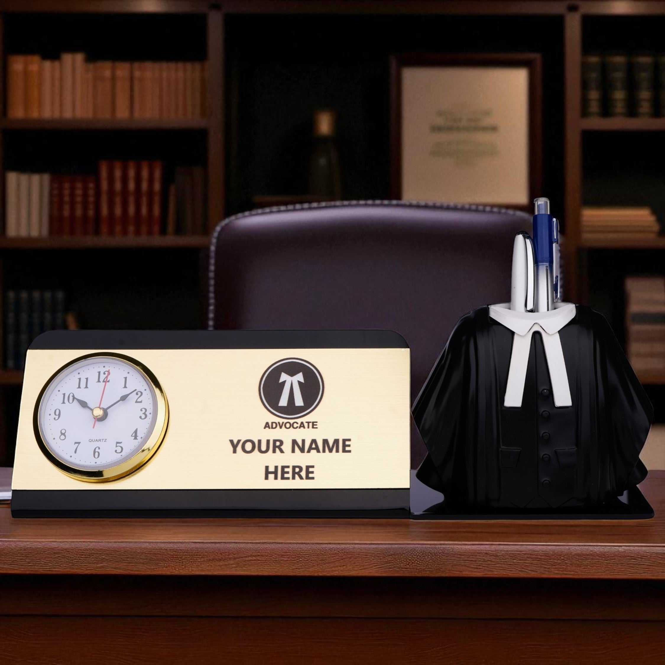 Shayona Personalized Advocate Desk Name Plate with Clock & Gown Pen Holder Black Color| Custom Lawyer Office Table Nameplate | Unique Gift for Advocates & Legal Professionals