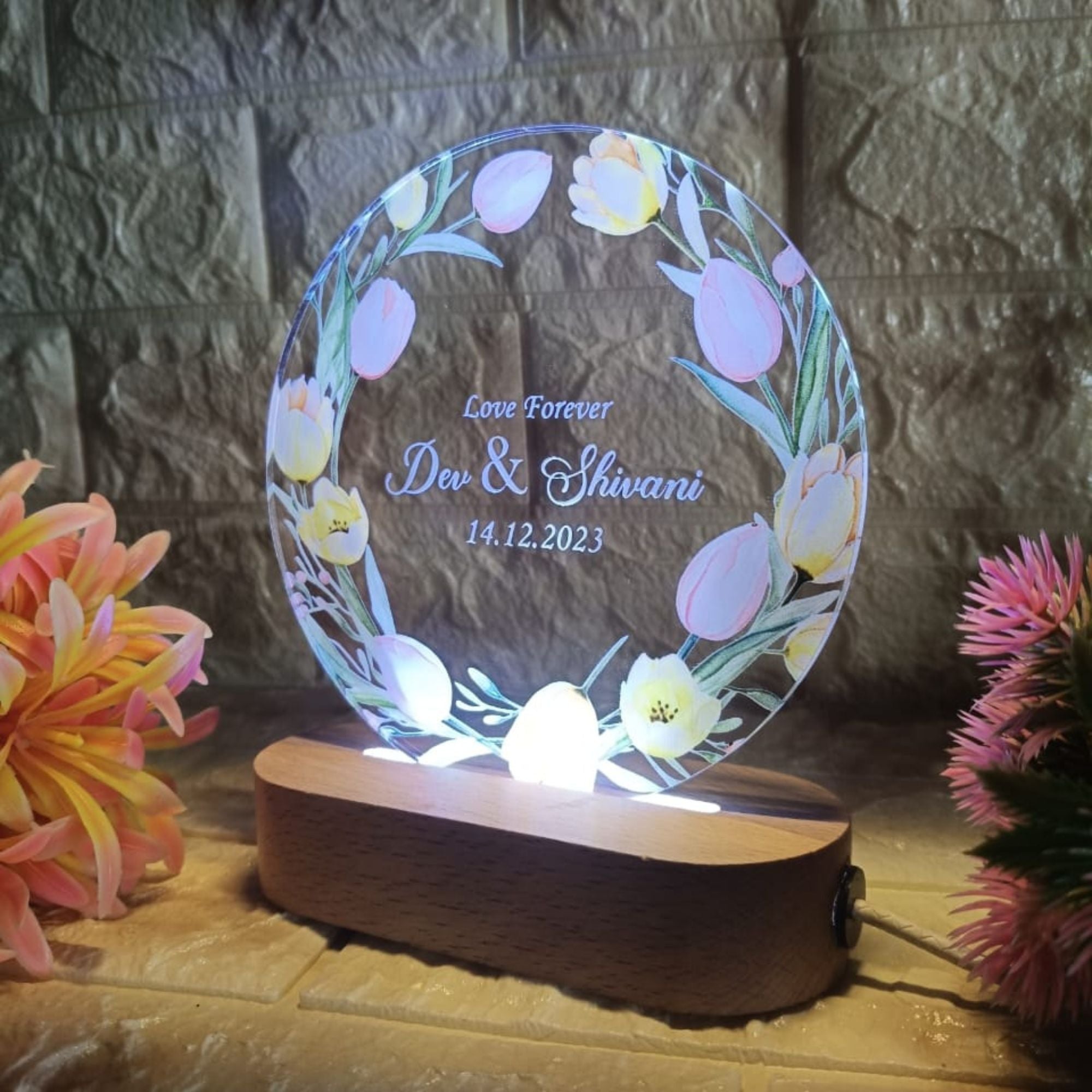 Shayona Personalized LED Acrylic Night Lamp with Wooden Base | Custom Name & Date | Romantic Gift for Couples, Anniversary, or Wedding – Floral Design