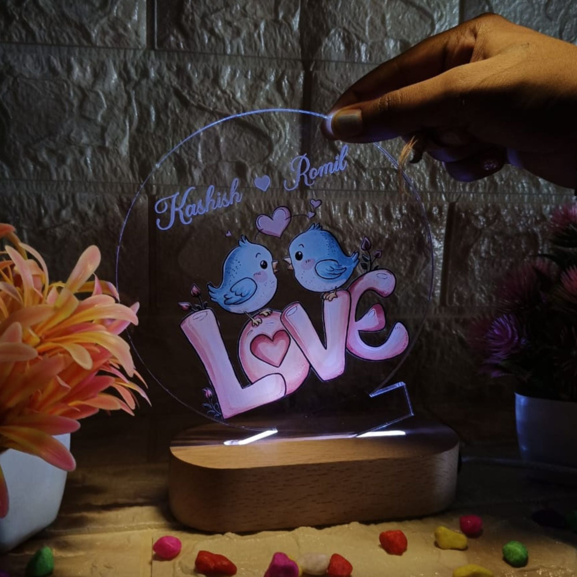 Shayona Personalized Love Bird LED Lamp | Custom Couple Name Acrylic Light | Romantic Gift with Wooden Base