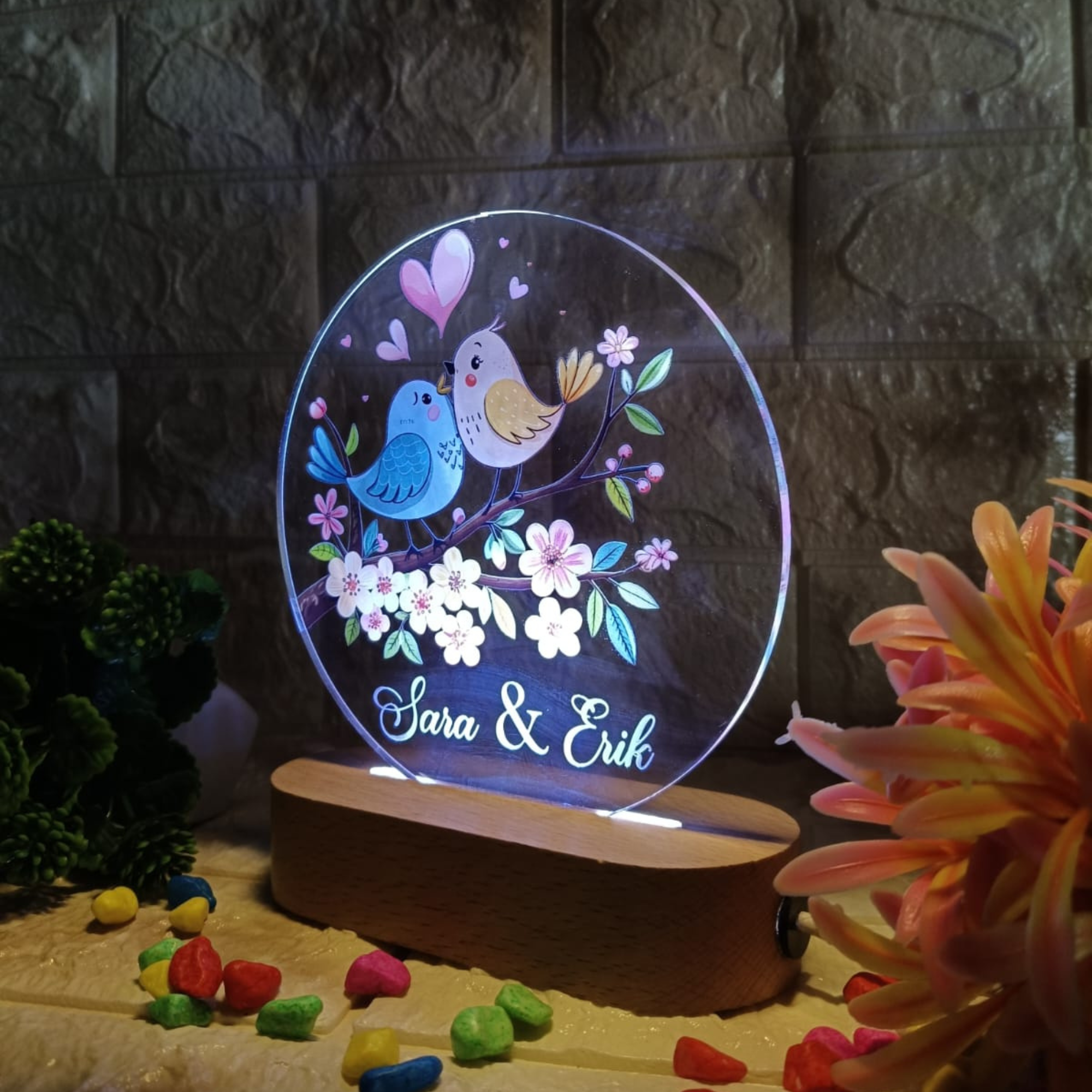 Shayona Personalized LED Acrylic Night Lamp with Love Birds Design | Custom Names Gift for Couples, Anniversary, Valentine's Day