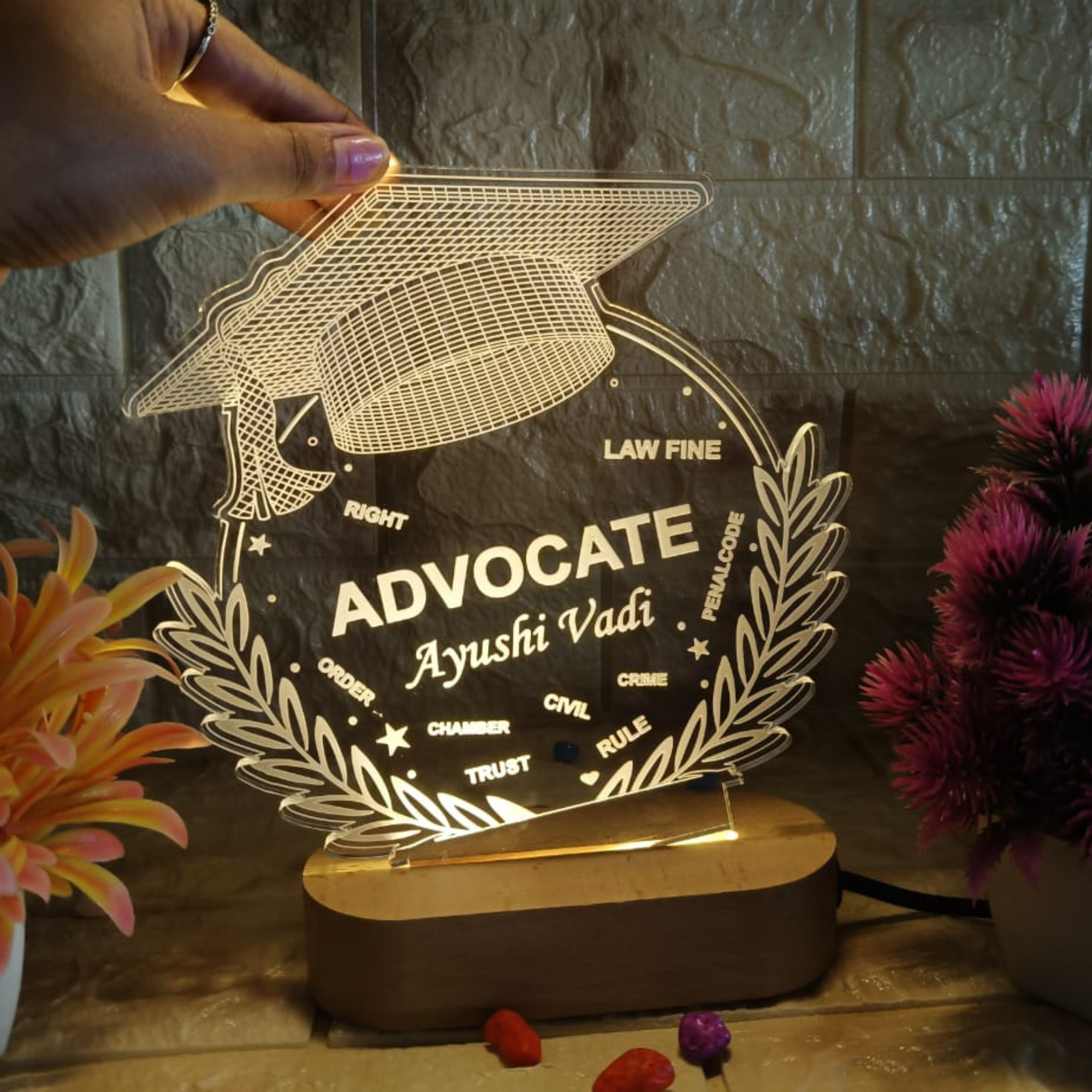 "Customized LED Name Lamp for Advocate | Personalized Graduation Gift with Engraved Legal Icons & Name | Acrylic Night Light for Lawyers"