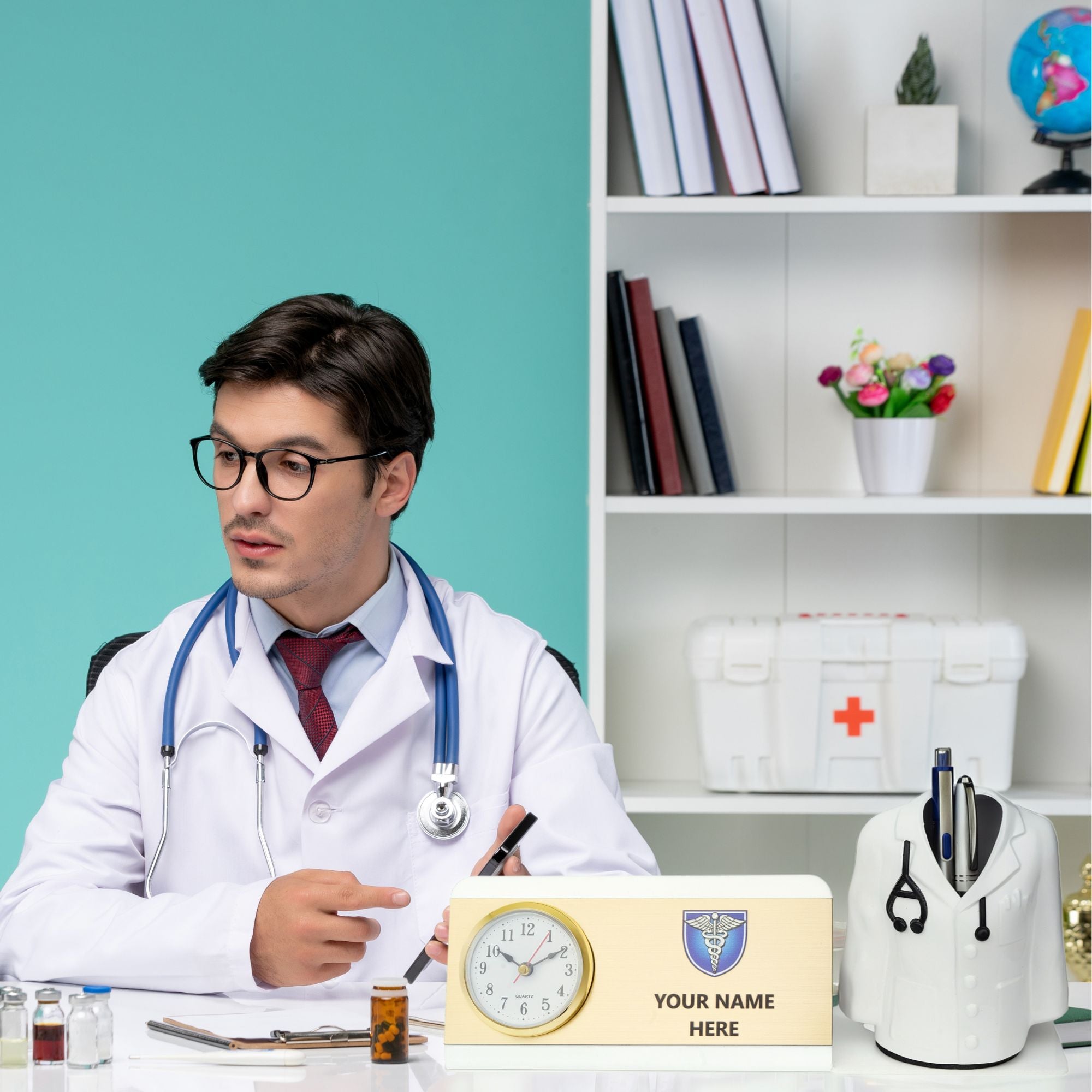 Shayona Personalized Doctor Desk Name Plate with Clock & Coat Pen Holder White Color| Custom Medical Office Desk Organizer | Doctor Gift Item