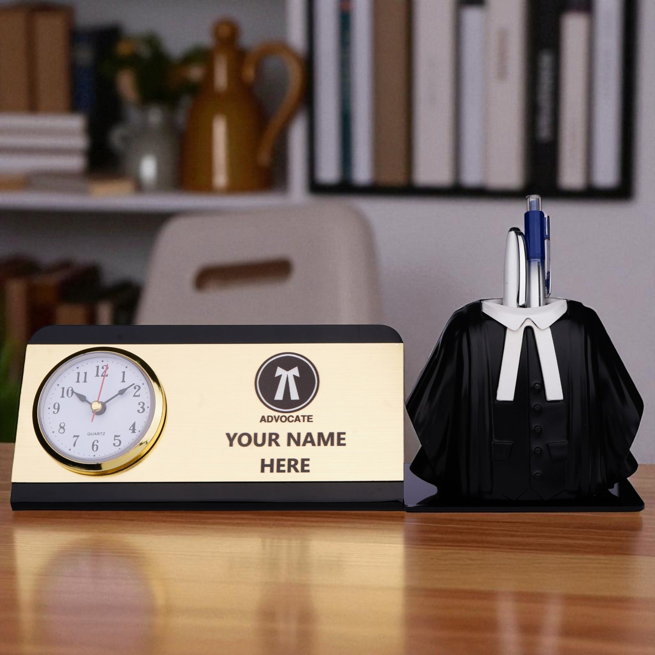 Shayona Personalized Advocate Desk Name Plate with Clock & Gown Pen Holder Black Color| Custom Lawyer Office Table Nameplate | Unique Gift for Advocates & Legal Professionals