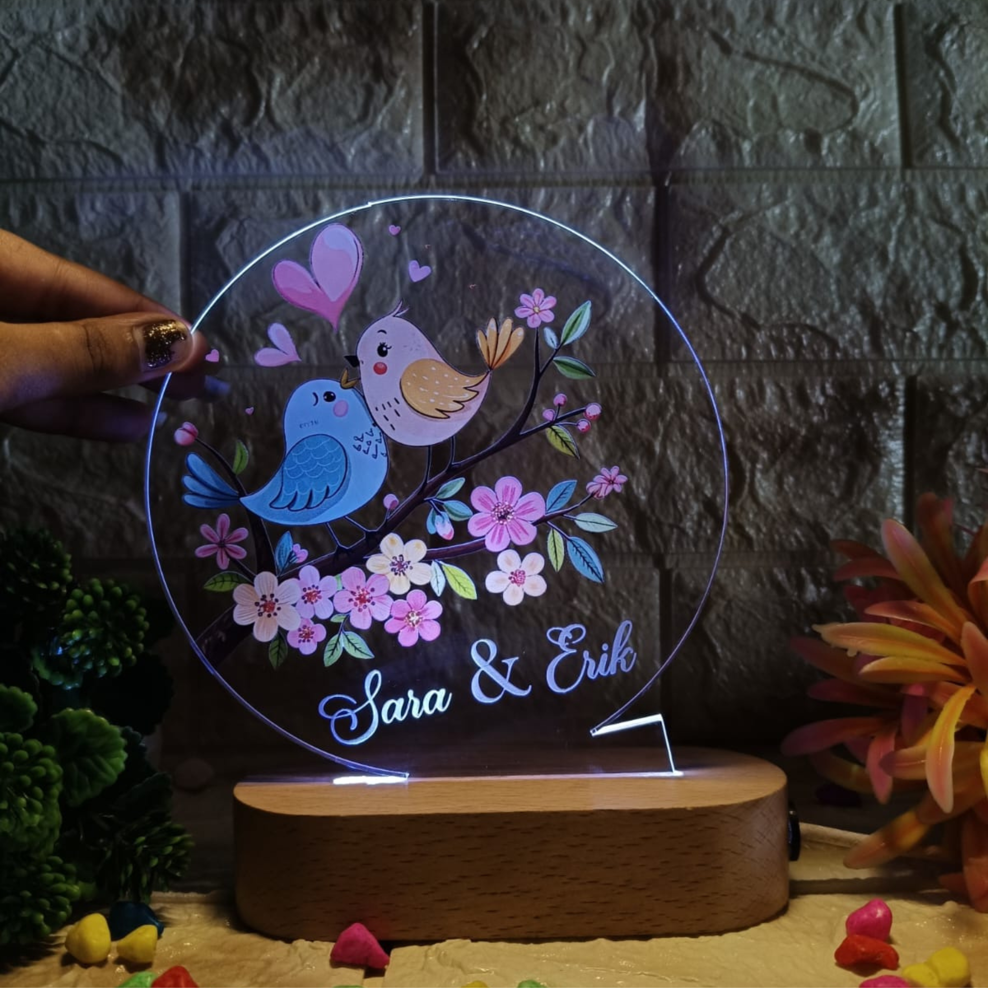 Shayona Personalized LED Acrylic Night Lamp with Love Birds Design | Custom Names Gift for Couples, Anniversary, Valentine's Day