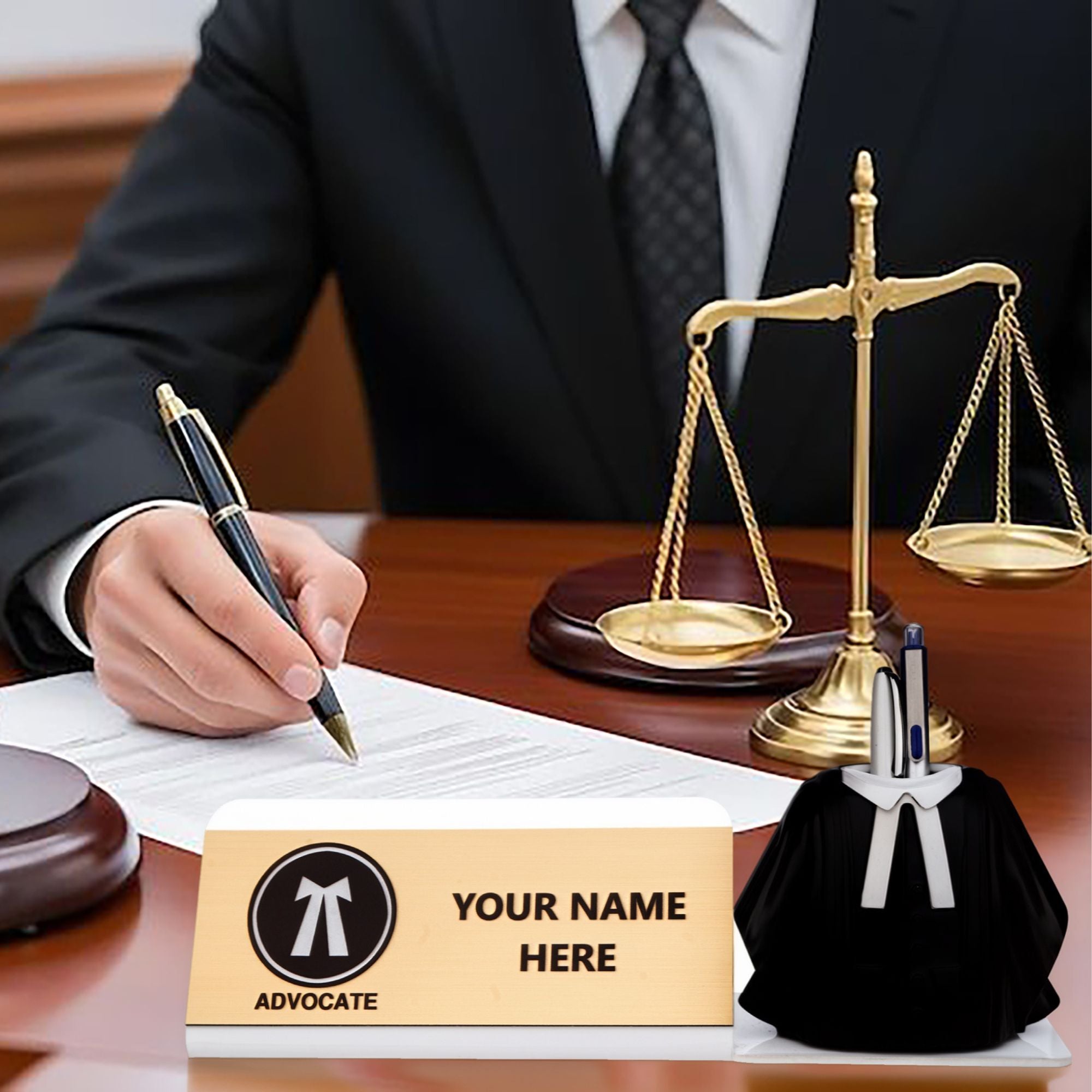 Shayona Personalized Advocate Desk Name Plate with Lawyer Coat Pen Holder White color | Custom Name Plate for Lawyers | Office Table Gift