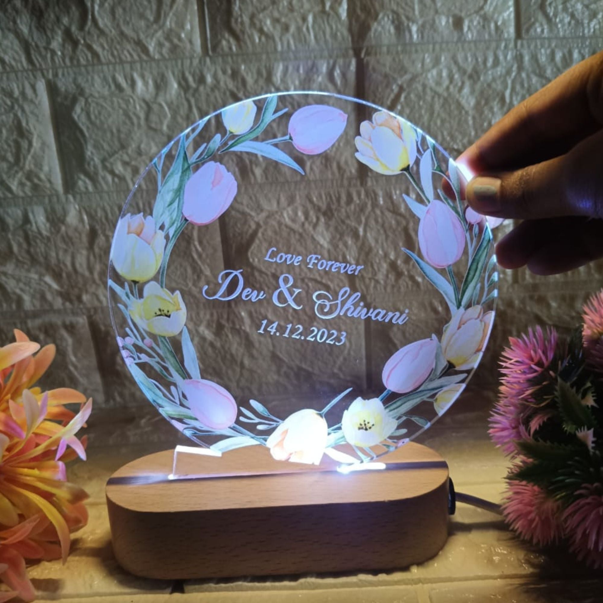 Shayona Personalized LED Acrylic Night Lamp with Wooden Base | Custom Name & Date | Romantic Gift for Couples, Anniversary, or Wedding – Floral Design