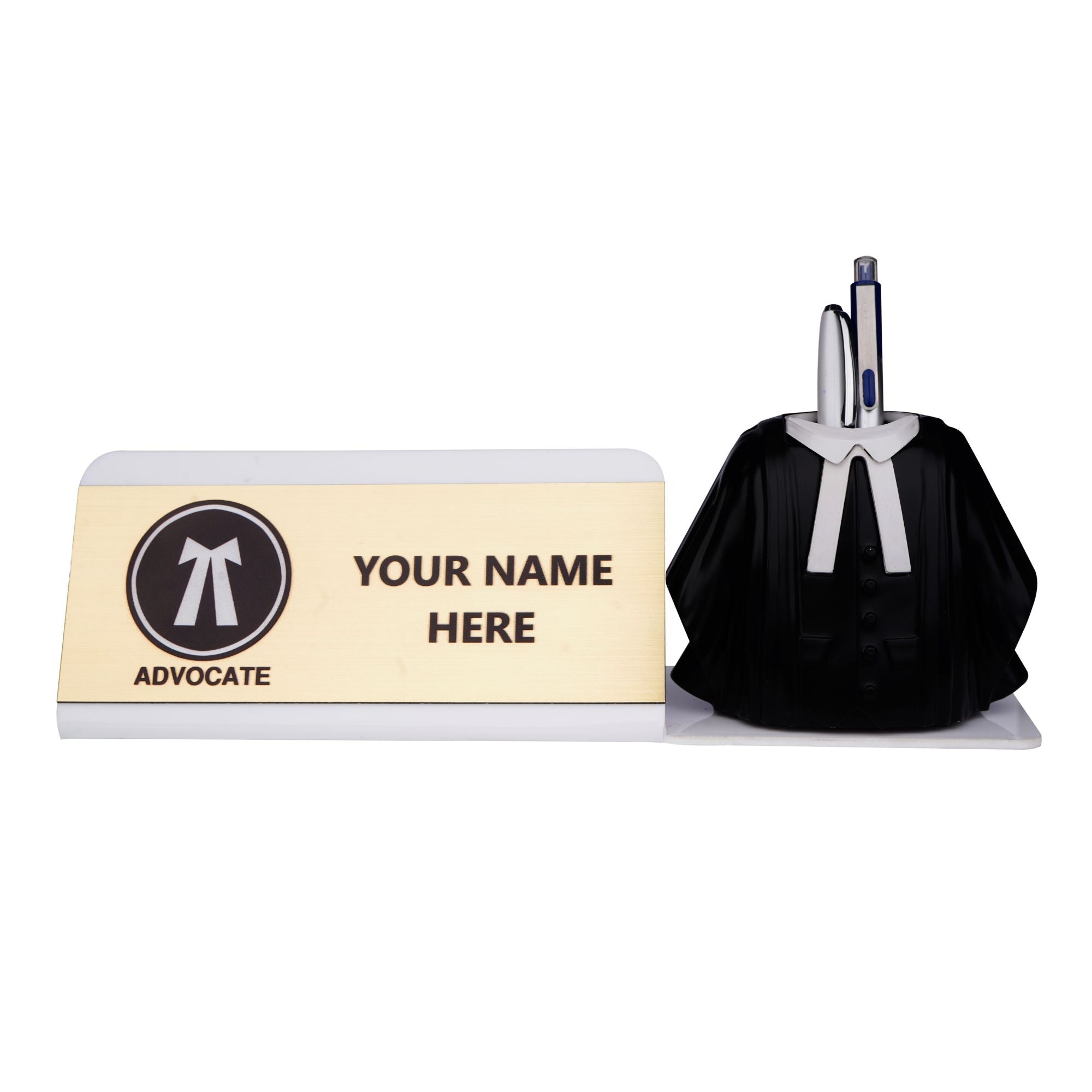 Shayona Personalized Advocate Desk Name Plate with Lawyer Coat Pen Holder White color | Custom Name Plate for Lawyers | Office Table Gift
