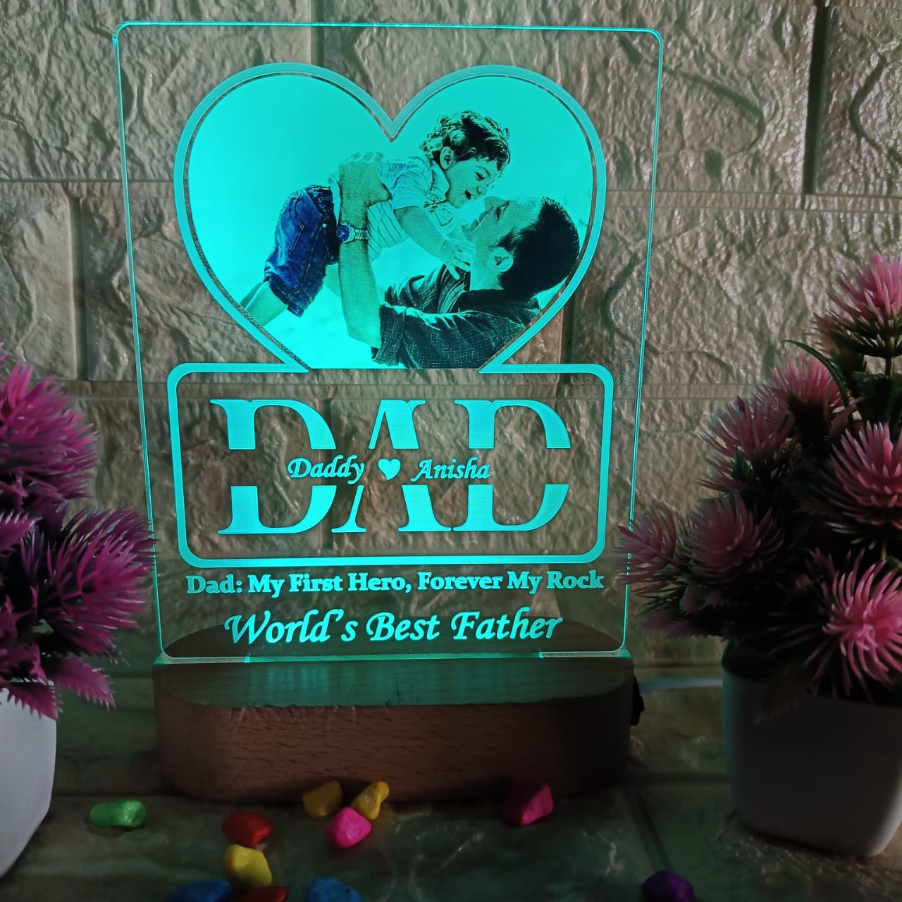 Customized LED Acrylic Lamp with Dad Photo & Names | “World’s Best Father” Gift | Heart Design with Engraving | Father's Day/Birthday Gift