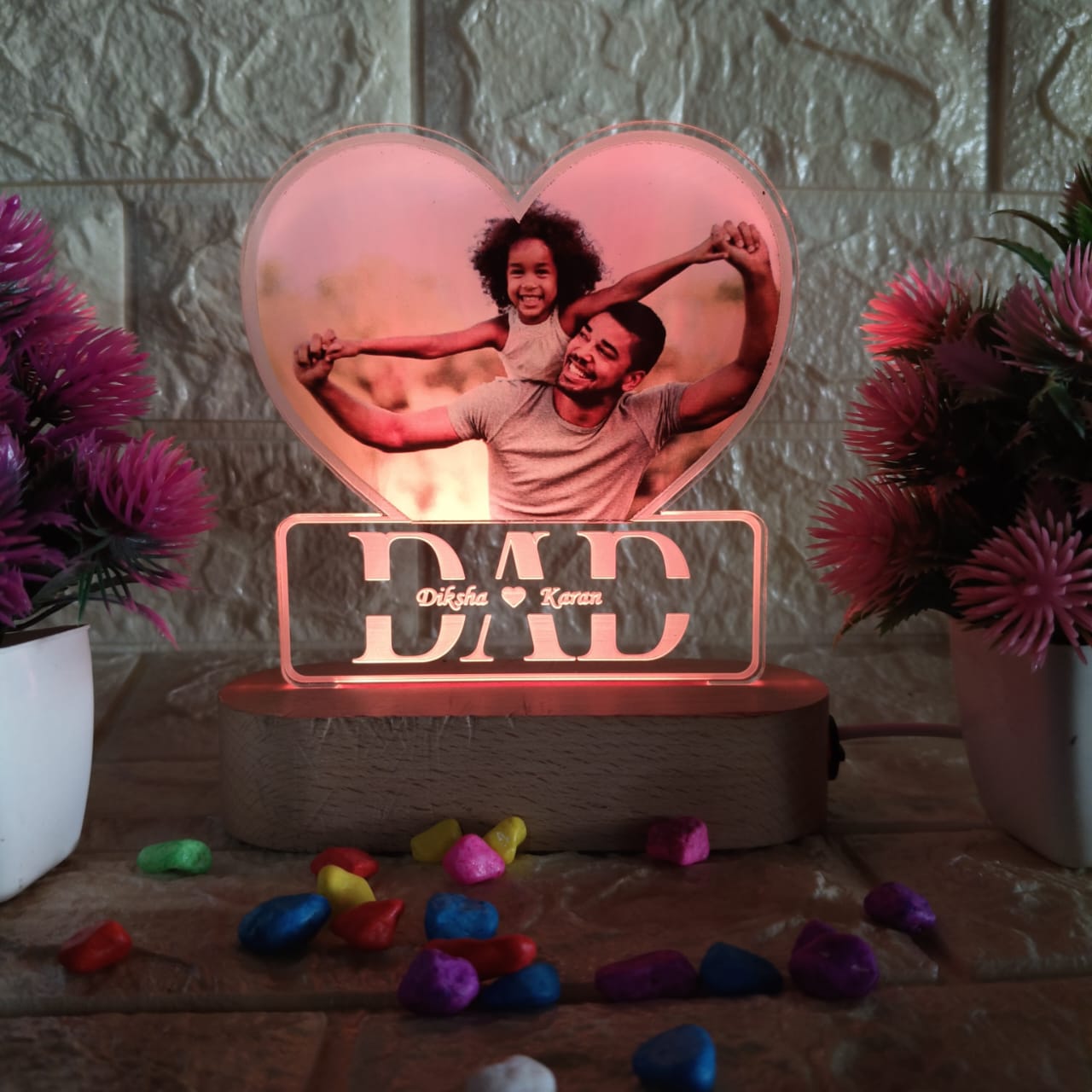 Personalized LED Acrylic Lamp with Photo & Names – Heart Shape "DAD" Gift for Father, Birthday, Anniversary, Father’s Day