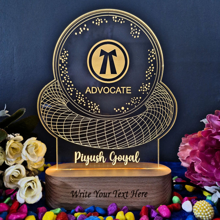 SHAYONA Personalized Advocate Logo with Customized Name and Degree Table Led lamp Gift for Lawyers, Law Students Wooden Base-Gold -22CM