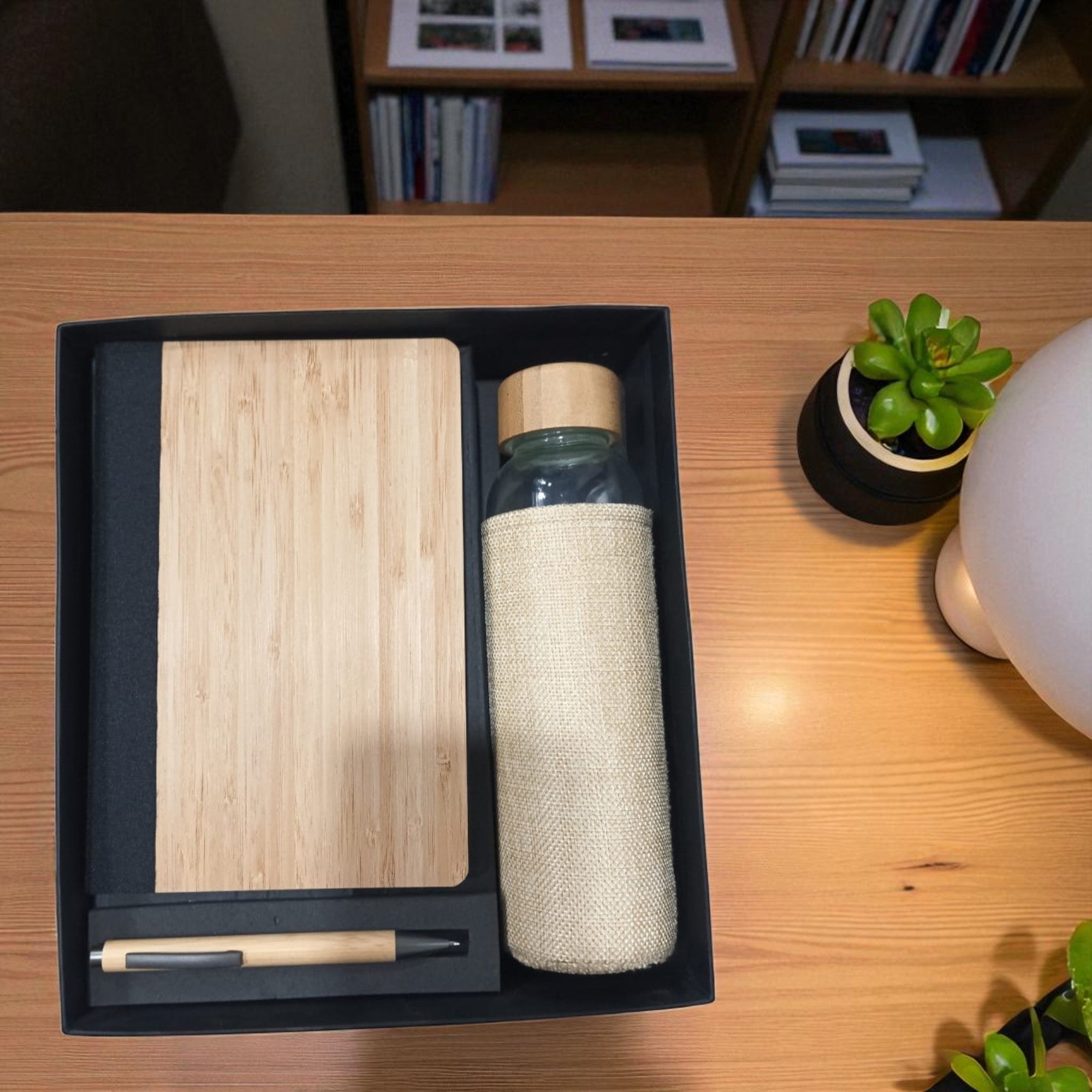 Shayona Premium Eco-Friendly Gift Set – Wooden Notebook, Wrapped Glass Water Bottle & Wooden Pen in Elegant Black Gift Box