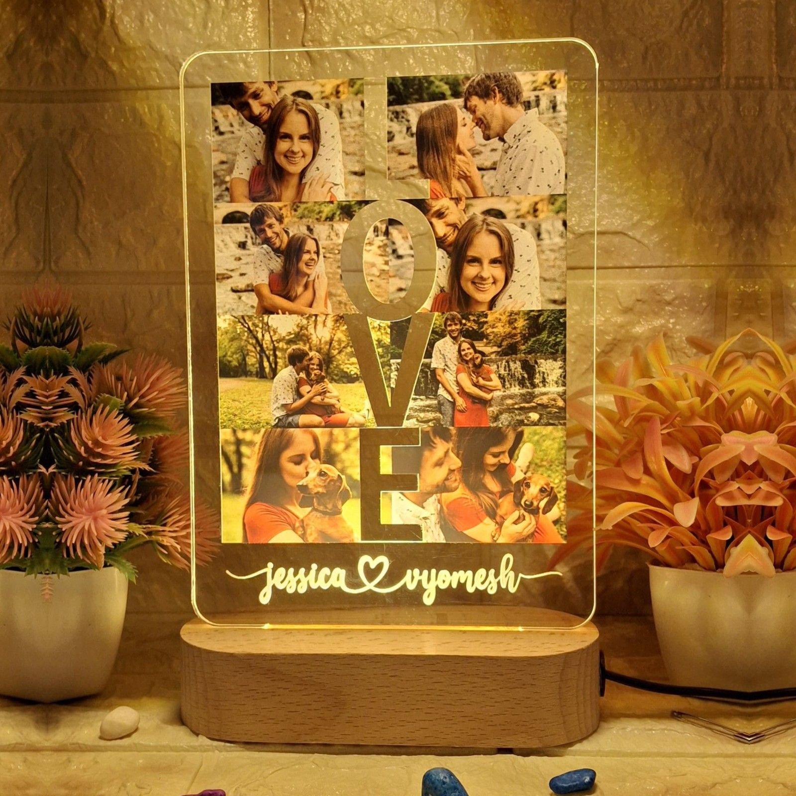 Shayona Personalized LOVE Photo Frame LED Lamp – Custom Couple Name & Photo Display – Romantic Anniversary, Wedding, Valentine’s Day Gift – Acrylic LED Light with Wooden Base